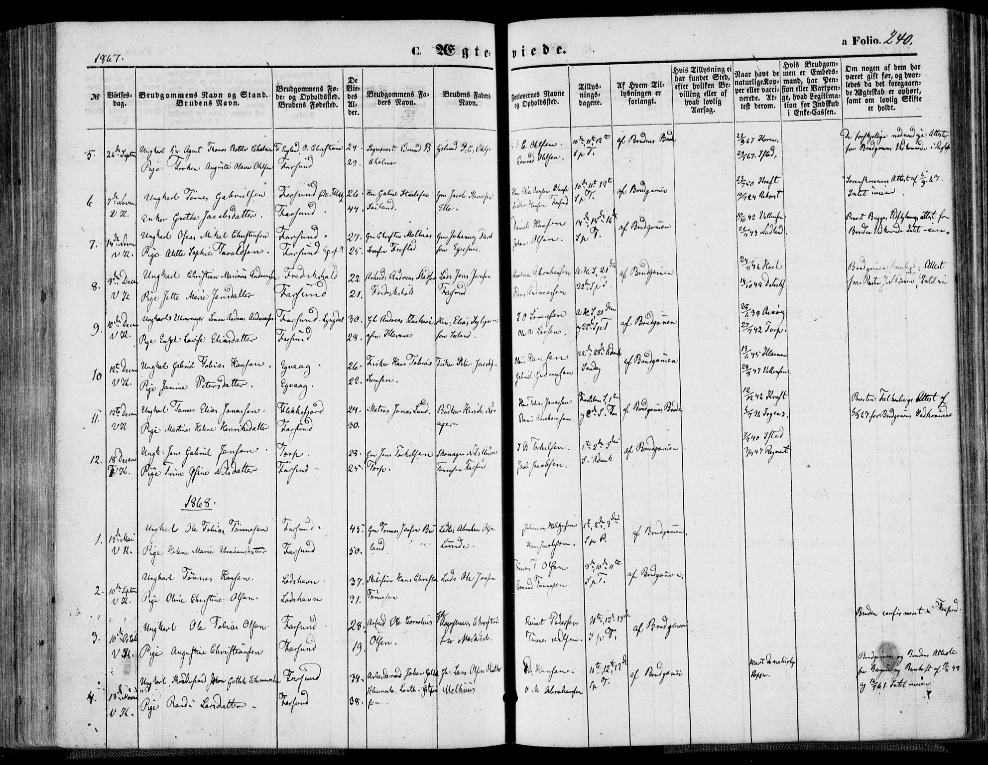 Farsund sokneprestkontor, AV/SAK-1111-0009/F/Fa/L0005: Parish register (official) no. A 5, 1863-1886, p. 240