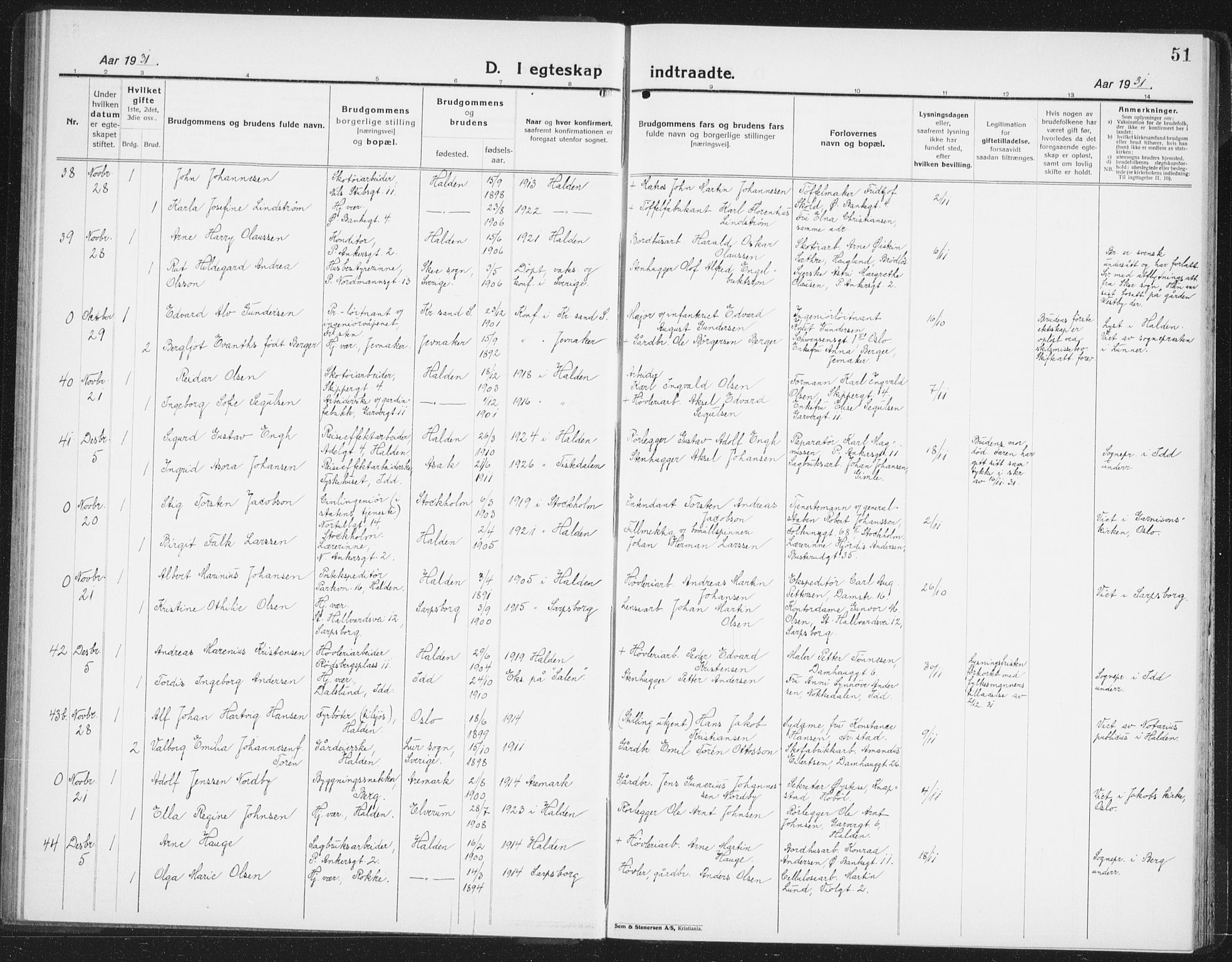 Halden prestekontor Kirkebøker, AV/SAO-A-10909/G/Ga/L0014: Parish register (copy) no. 14, 1925-1943, p. 51