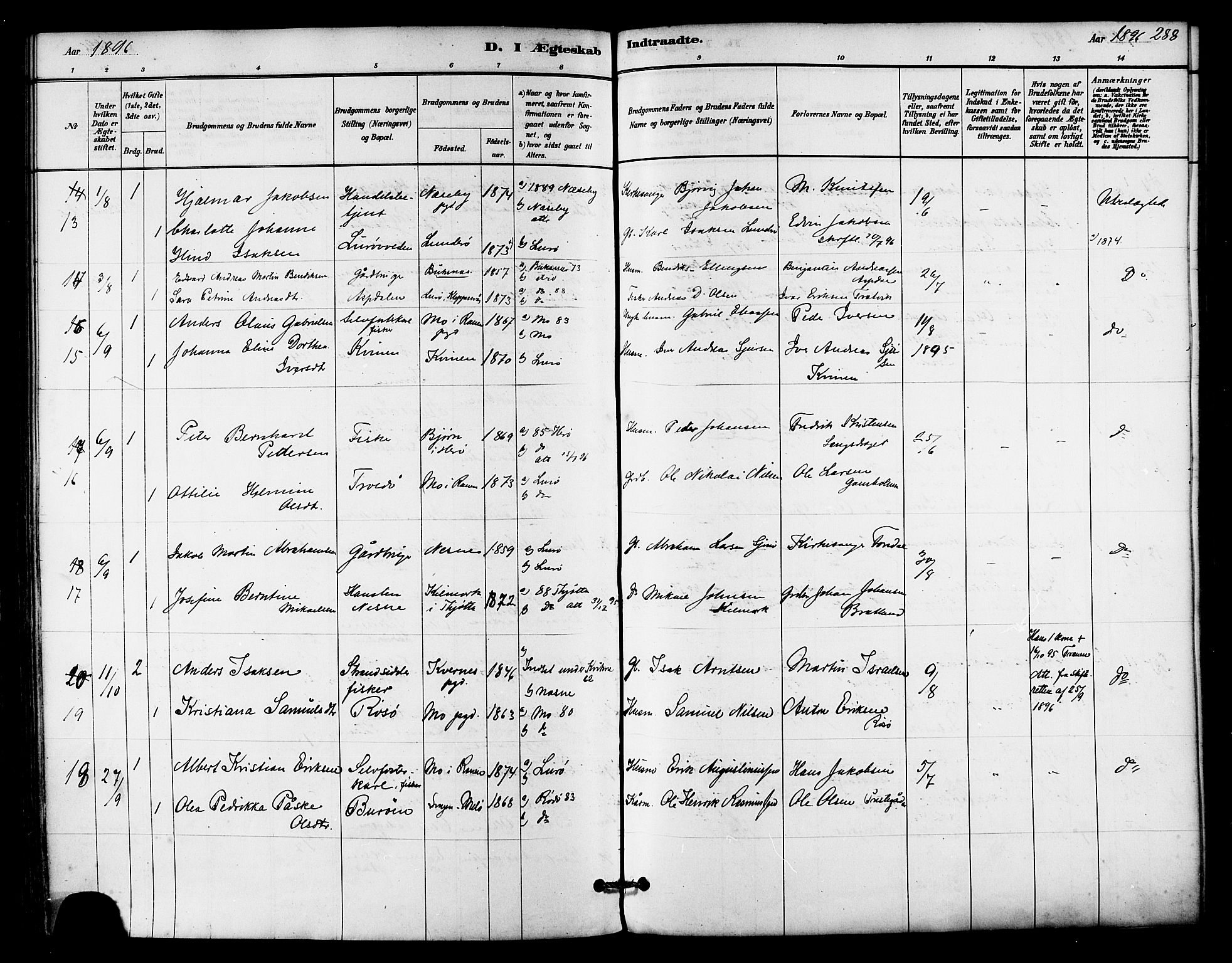 Ministerialprotokoller, klokkerbøker og fødselsregistre - Nordland, AV/SAT-A-1459/839/L0568: Parish register (official) no. 839A05, 1880-1902, p. 288