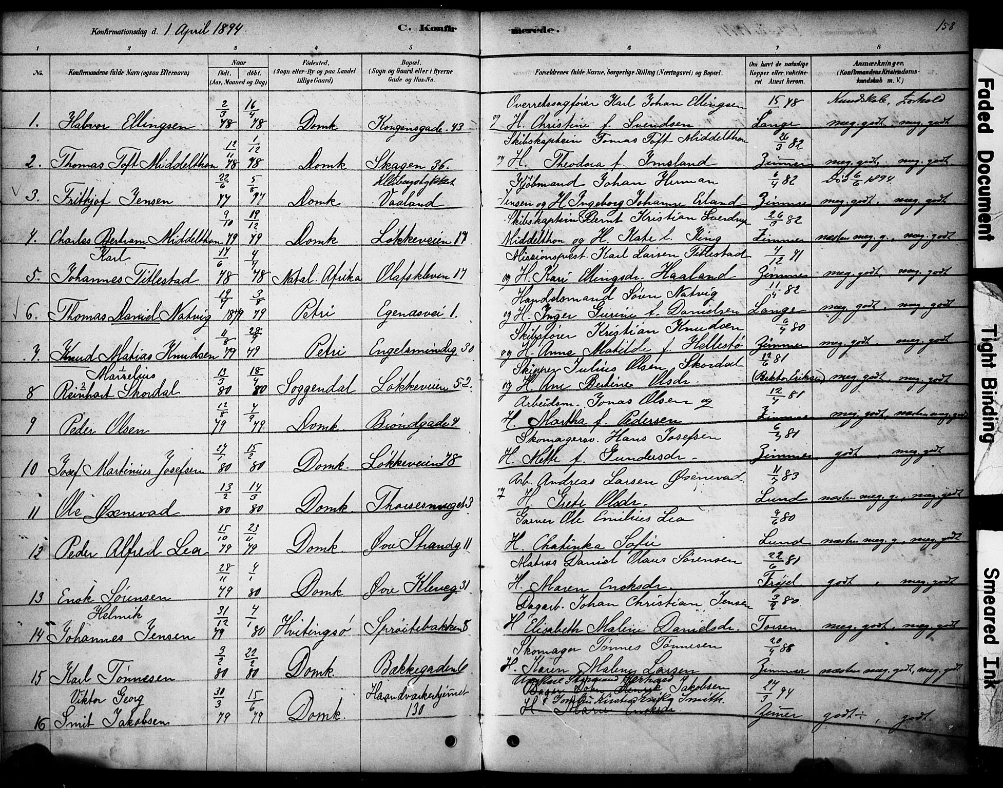Domkirken sokneprestkontor, SAST/A-101812/001/30/30BA/L0028: Parish register (official) no. A 27, 1878-1896, p. 158