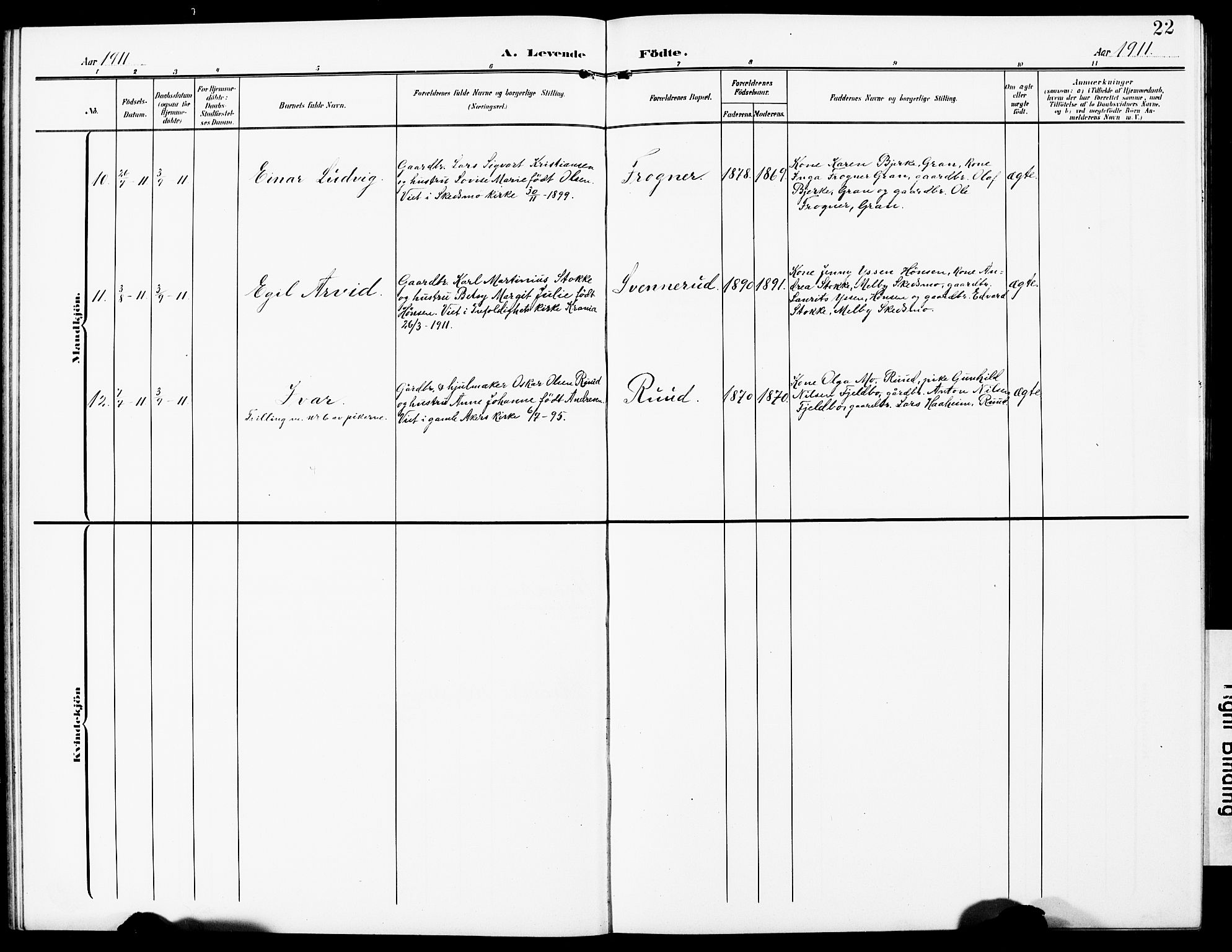 Sørum prestekontor Kirkebøker, SAO/A-10303/G/Gb/L0001: Parish register (copy) no. II 1, 1907-1929, p. 22