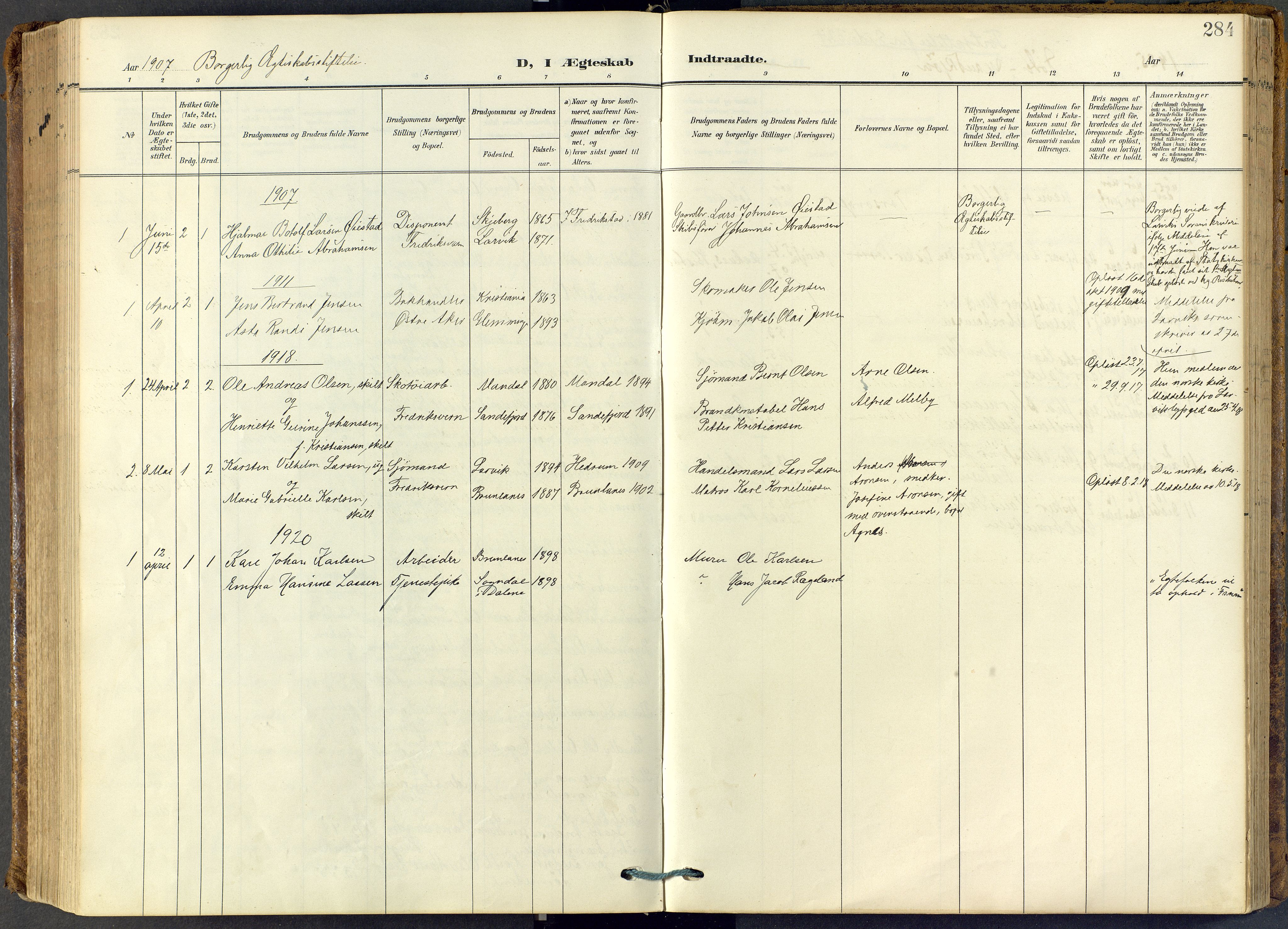 Stavern kirkebøker, SAKO/A-318/F/Fa/L0009: Parish register (official) no. 9, 1906-1955, p. 284