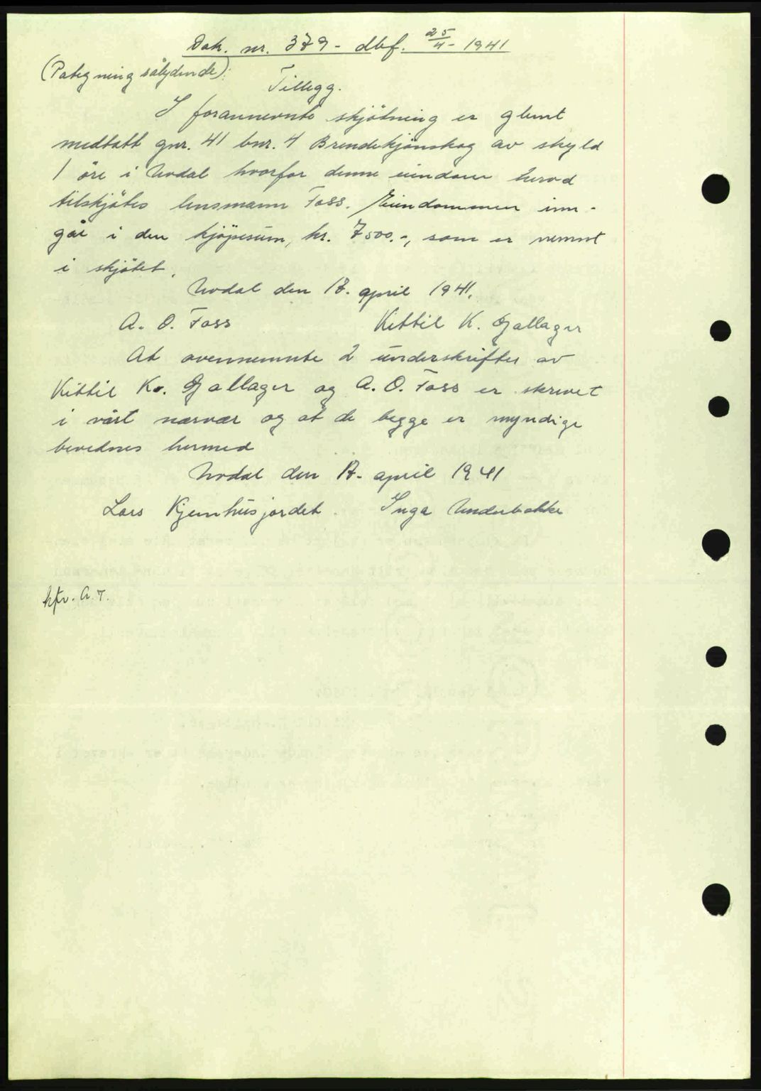 Numedal og Sandsvær sorenskriveri, AV/SAKO-A-128/G/Ga/Gaa/L0052: Mortgage book no. A4, 1940-1941, Diary no: : 379/1941