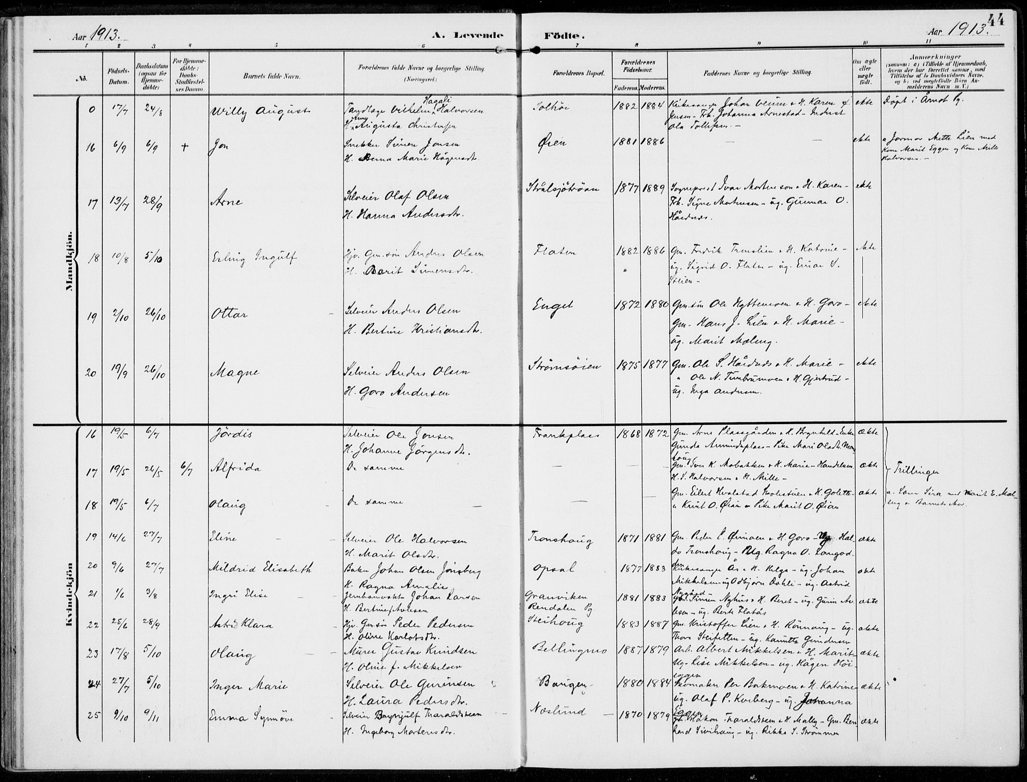 Alvdal prestekontor, AV/SAH-PREST-060/H/Ha/Haa/L0004: Parish register (official) no. 4, 1907-1919, p. 44