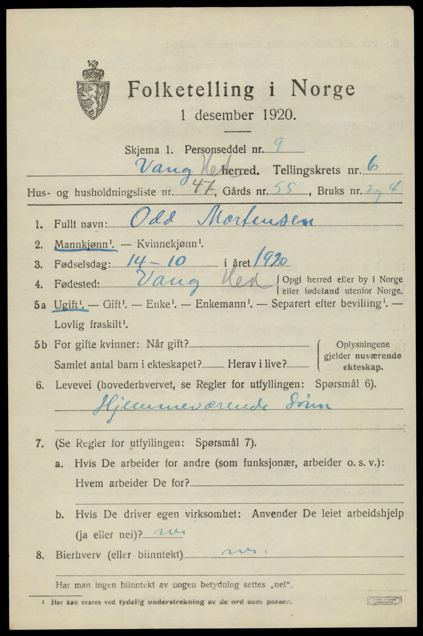 SAH, 1920 census for Vang (Hedmark), 1920, p. 15759