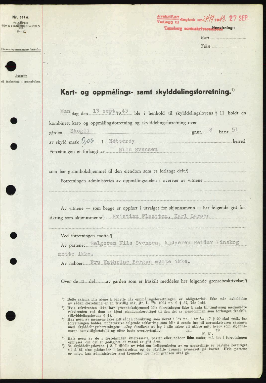 Tønsberg sorenskriveri, AV/SAKO-A-130/G/Ga/Gaa/L0014: Mortgage book no. A14, 1943-1944, Diary no: : 2417/1943