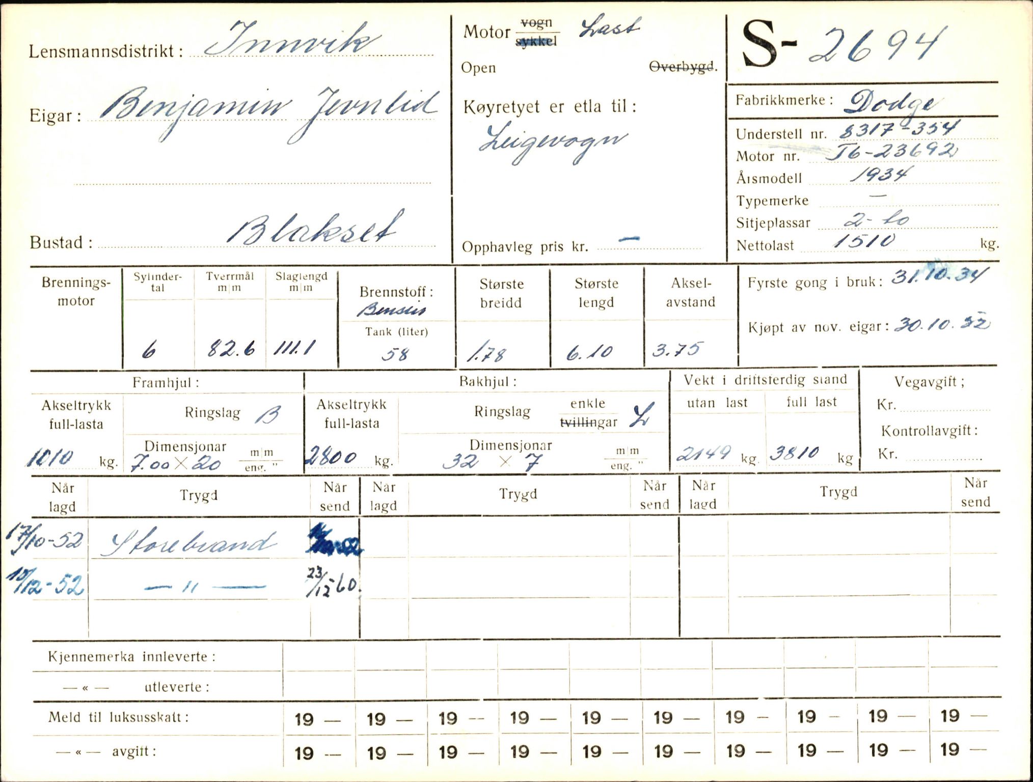 Statens vegvesen, Sogn og Fjordane vegkontor, AV/SAB-A-5301/4/F/L0004: Registerkort utmeldte Fjordane S2500-2700, S7200-7899, 1930-1961, p. 249