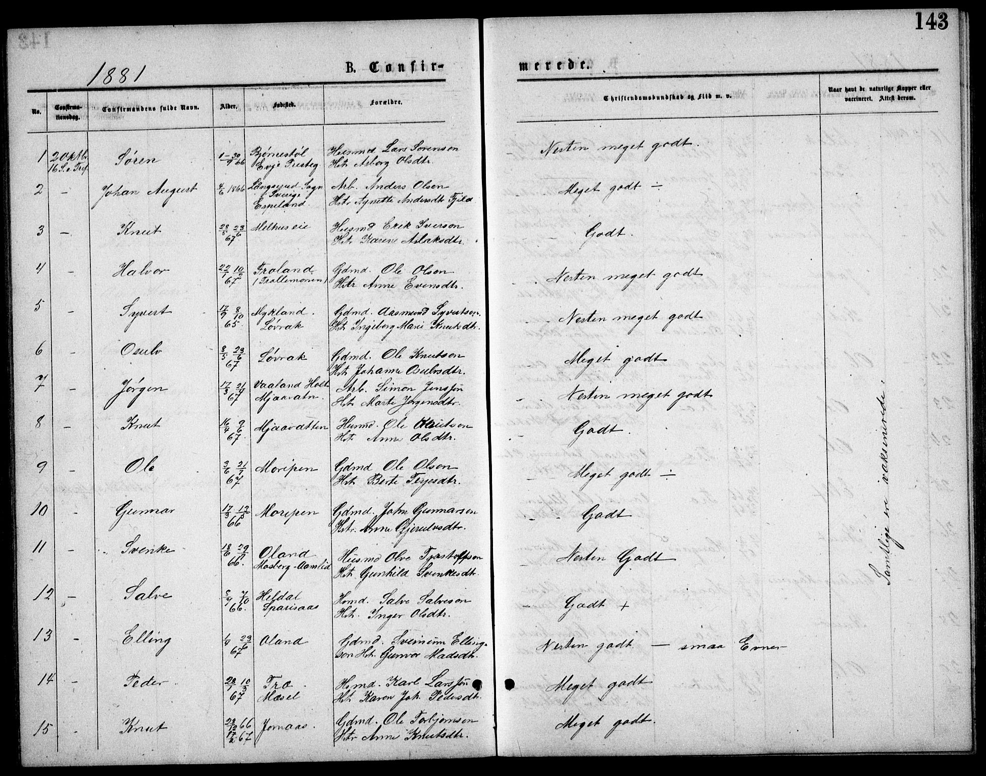Froland sokneprestkontor, SAK/1111-0013/F/Fb/L0009: Parish register (copy) no. B 9, 1875-1893, p. 143