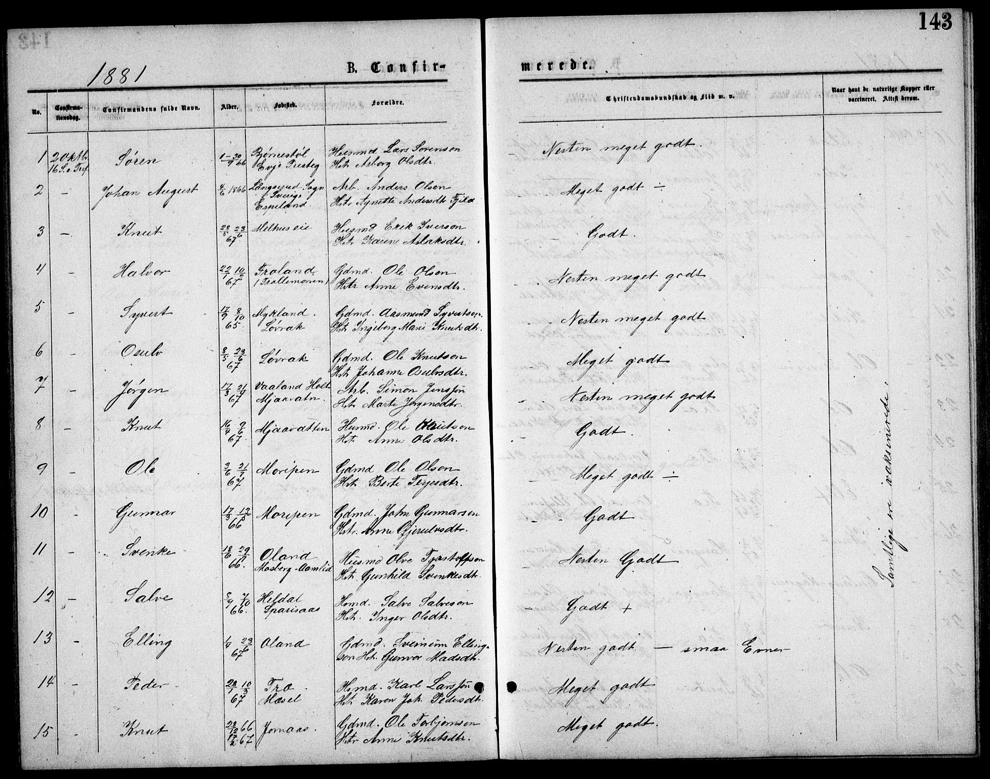 Froland sokneprestkontor, AV/SAK-1111-0013/F/Fb/L0009: Parish register (copy) no. B 9, 1875-1893, p. 143