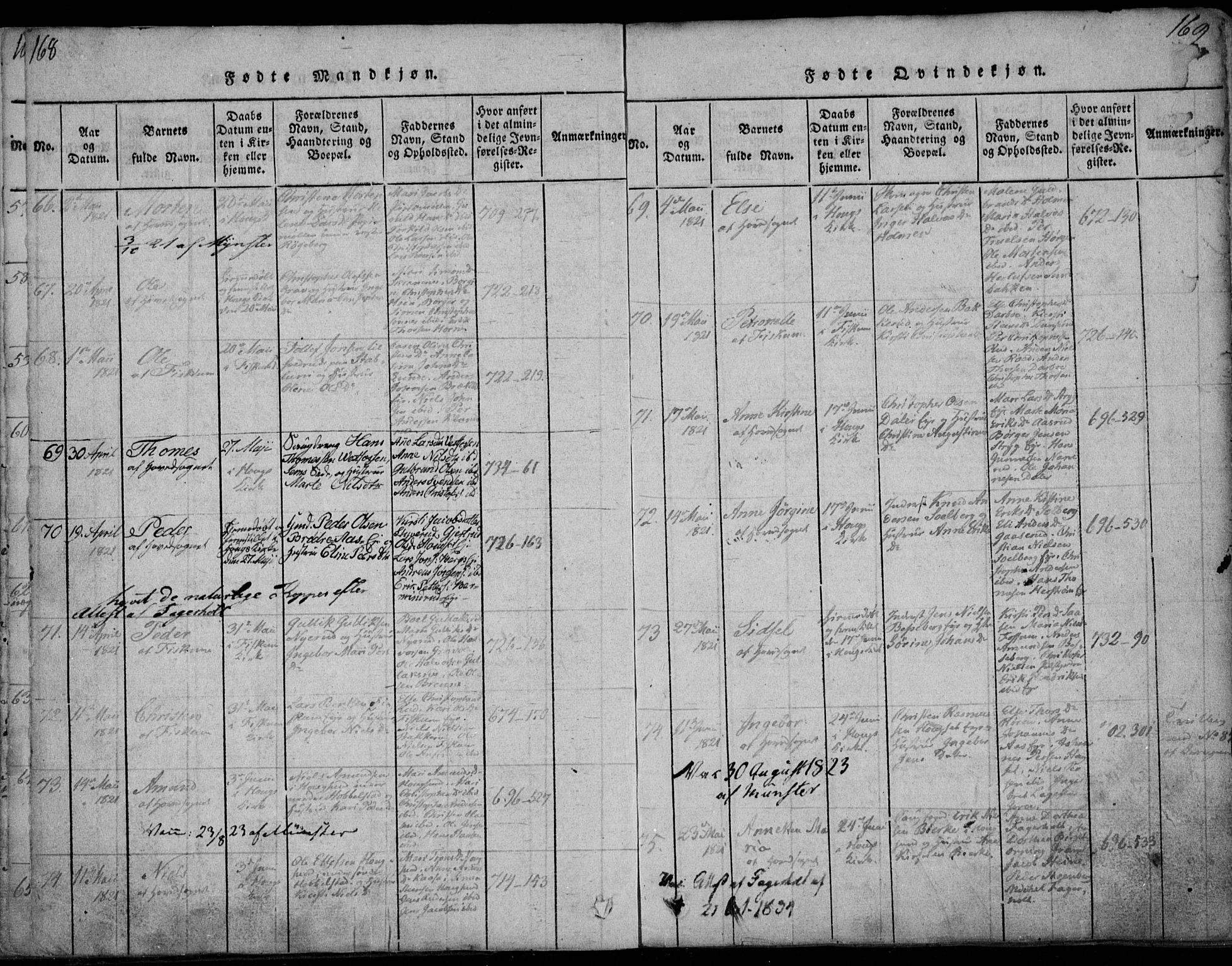 Eiker kirkebøker, SAKO/A-4/F/Fa/L0011: Parish register (official) no. I 11, 1814-1827, p. 168-169