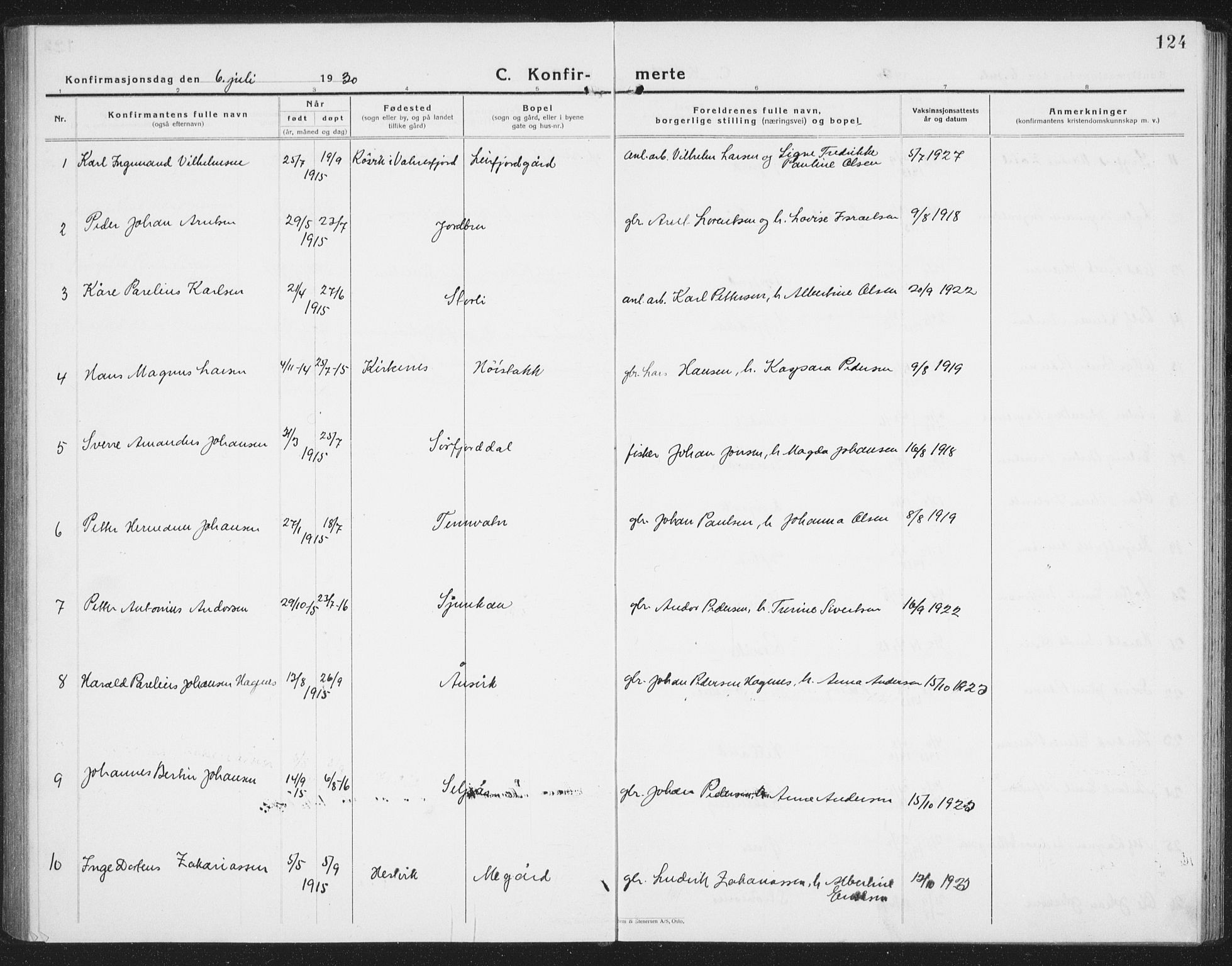 Ministerialprotokoller, klokkerbøker og fødselsregistre - Nordland, AV/SAT-A-1459/854/L0788: Parish register (copy) no. 854C04, 1926-1940, p. 124