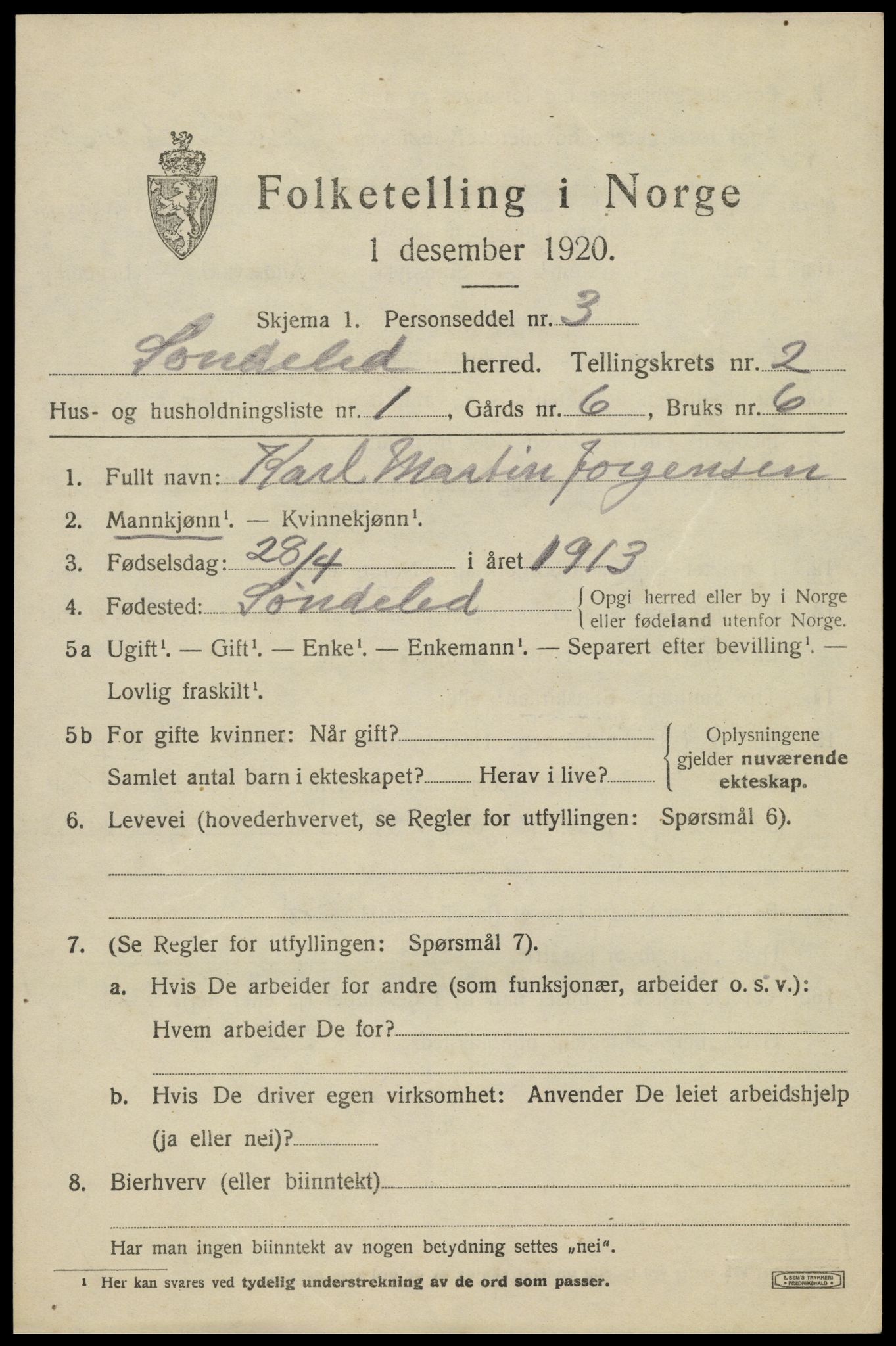 SAK, 1920 census for Søndeled, 1920, p. 1723