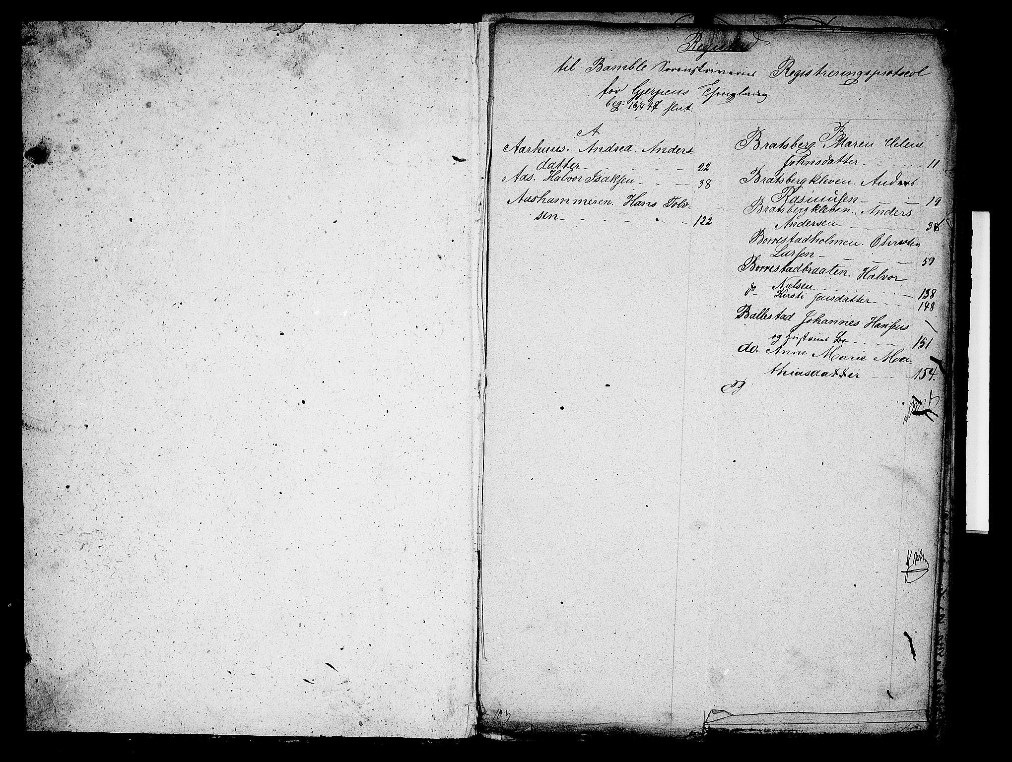 Bamble sorenskriveri, SAKO/A-214/H/Hb/Hbb/Hbbc/L0001: Skifteregisreringsprotokoll, 1847-1868