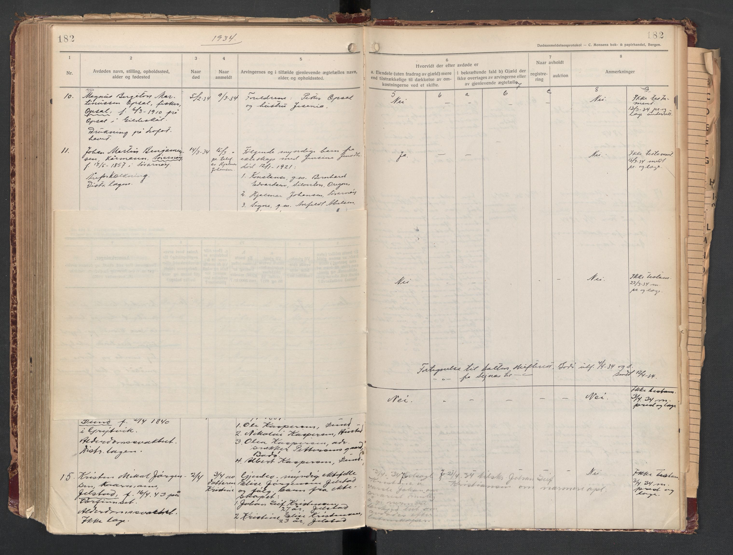 Gildeskål lensmannskontor, AV/SAT-A-4368/1/02/L0008: 2.01.08 - Dødsfallsprotokoll, 1917-1934, p. 182