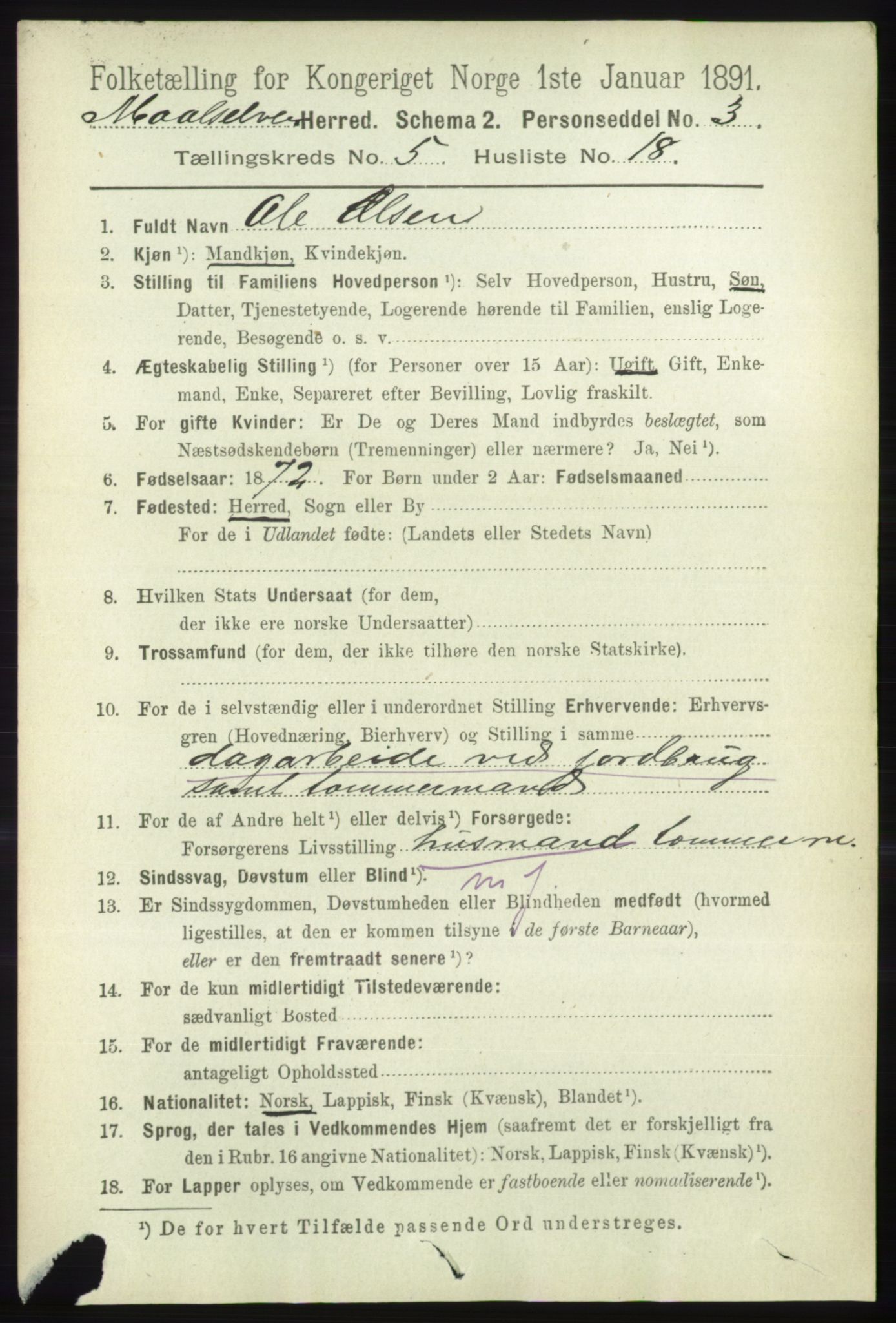 RA, 1891 census for 1924 Målselv, 1891, p. 1748