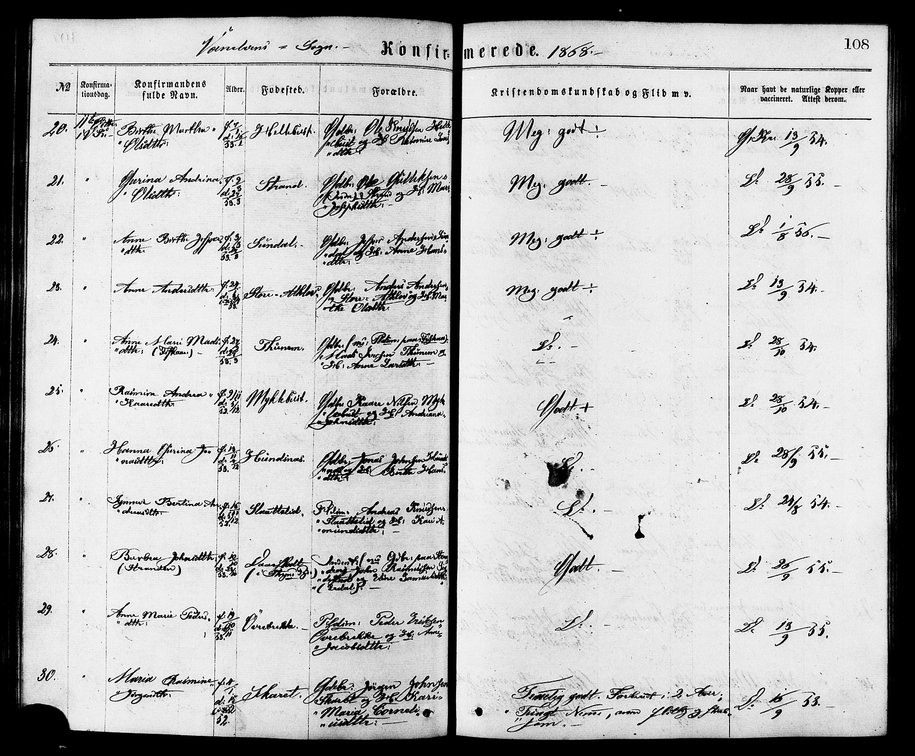 Ministerialprotokoller, klokkerbøker og fødselsregistre - Møre og Romsdal, AV/SAT-A-1454/501/L0007: Parish register (official) no. 501A07, 1868-1884, p. 108