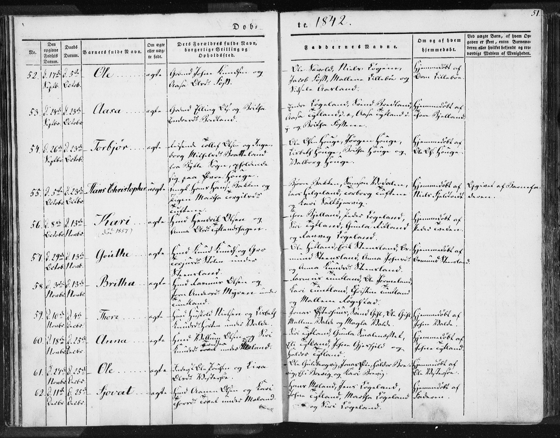 Hjelmeland sokneprestkontor, SAST/A-101843/01/IV/L0006: Parish register (official) no. A 6, 1834-1845, p. 51