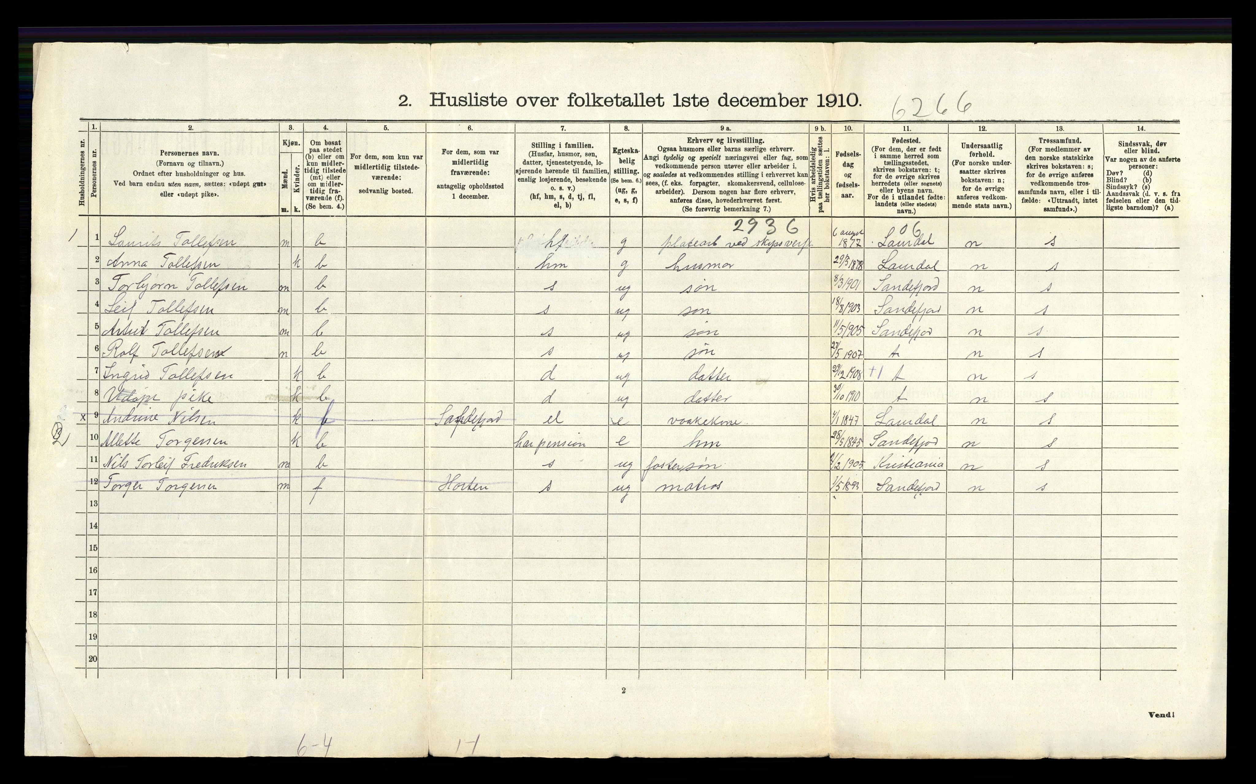 RA, 1910 census for Sandeherred, 1910, p. 1678