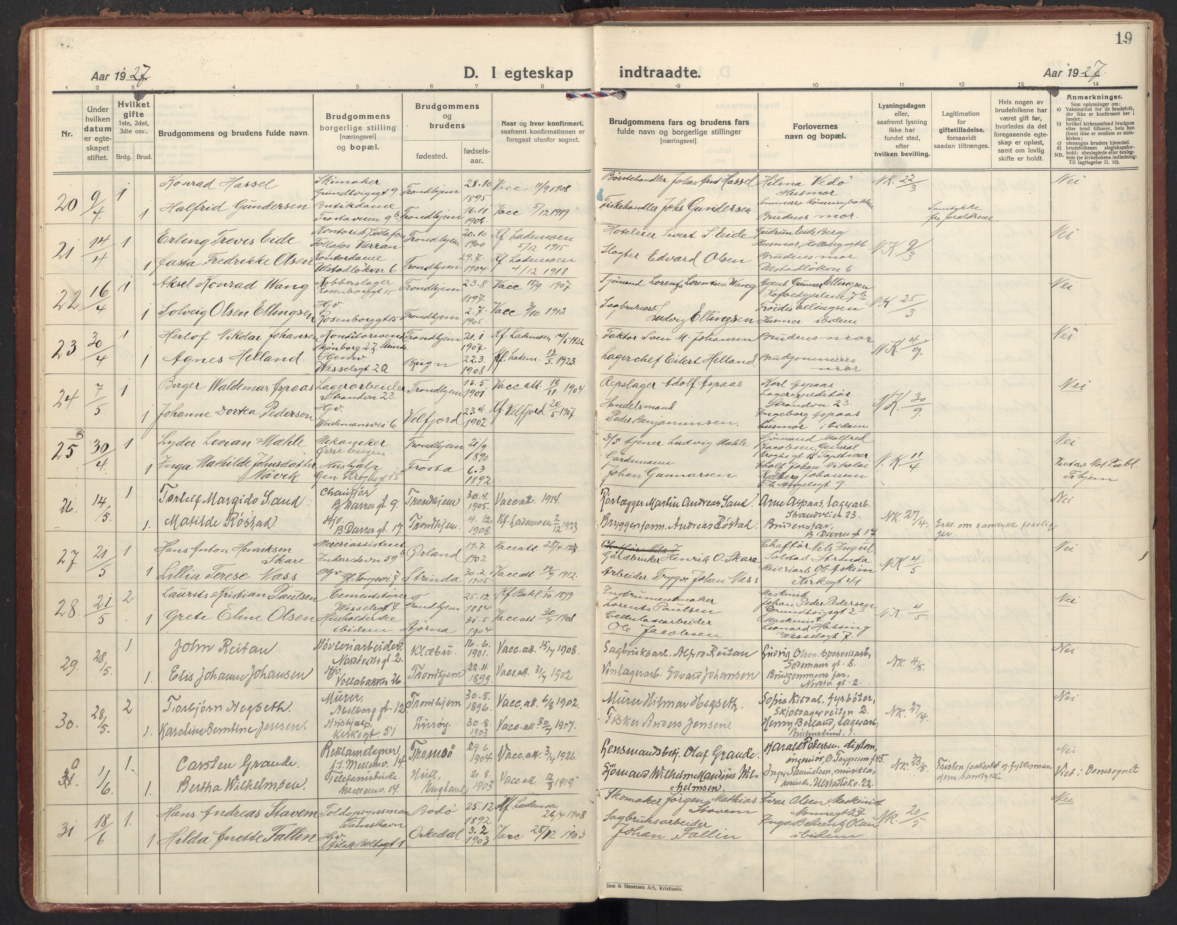 Ministerialprotokoller, klokkerbøker og fødselsregistre - Sør-Trøndelag, SAT/A-1456/605/L0249: Parish register (official) no. 605A11, 1925-1936, p. 19