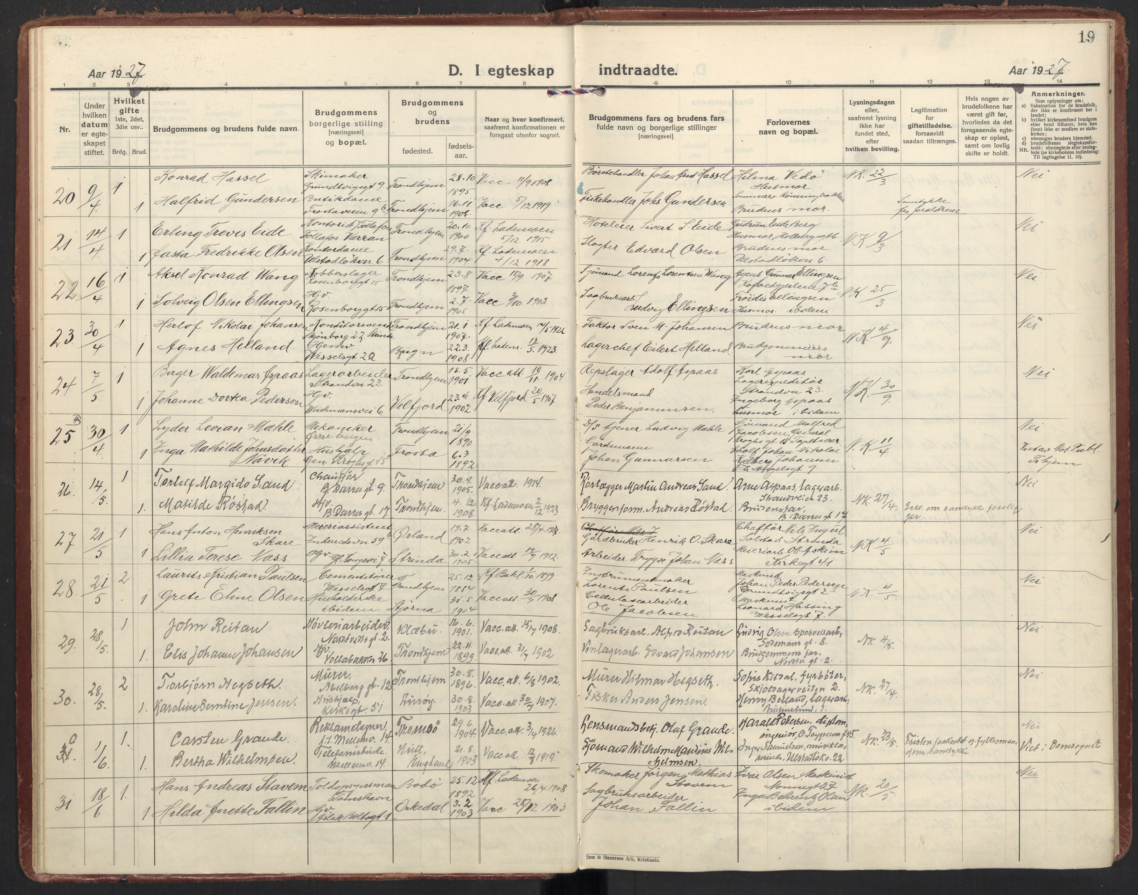 Ministerialprotokoller, klokkerbøker og fødselsregistre - Sør-Trøndelag, AV/SAT-A-1456/605/L0249: Parish register (official) no. 605A11, 1925-1936, p. 19