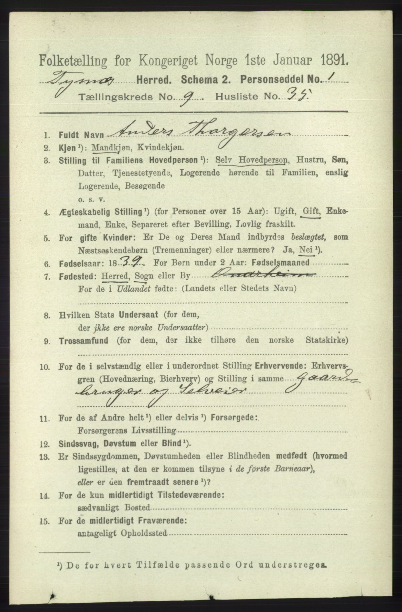 RA, 1891 census for 1223 Tysnes, 1891, p. 4413