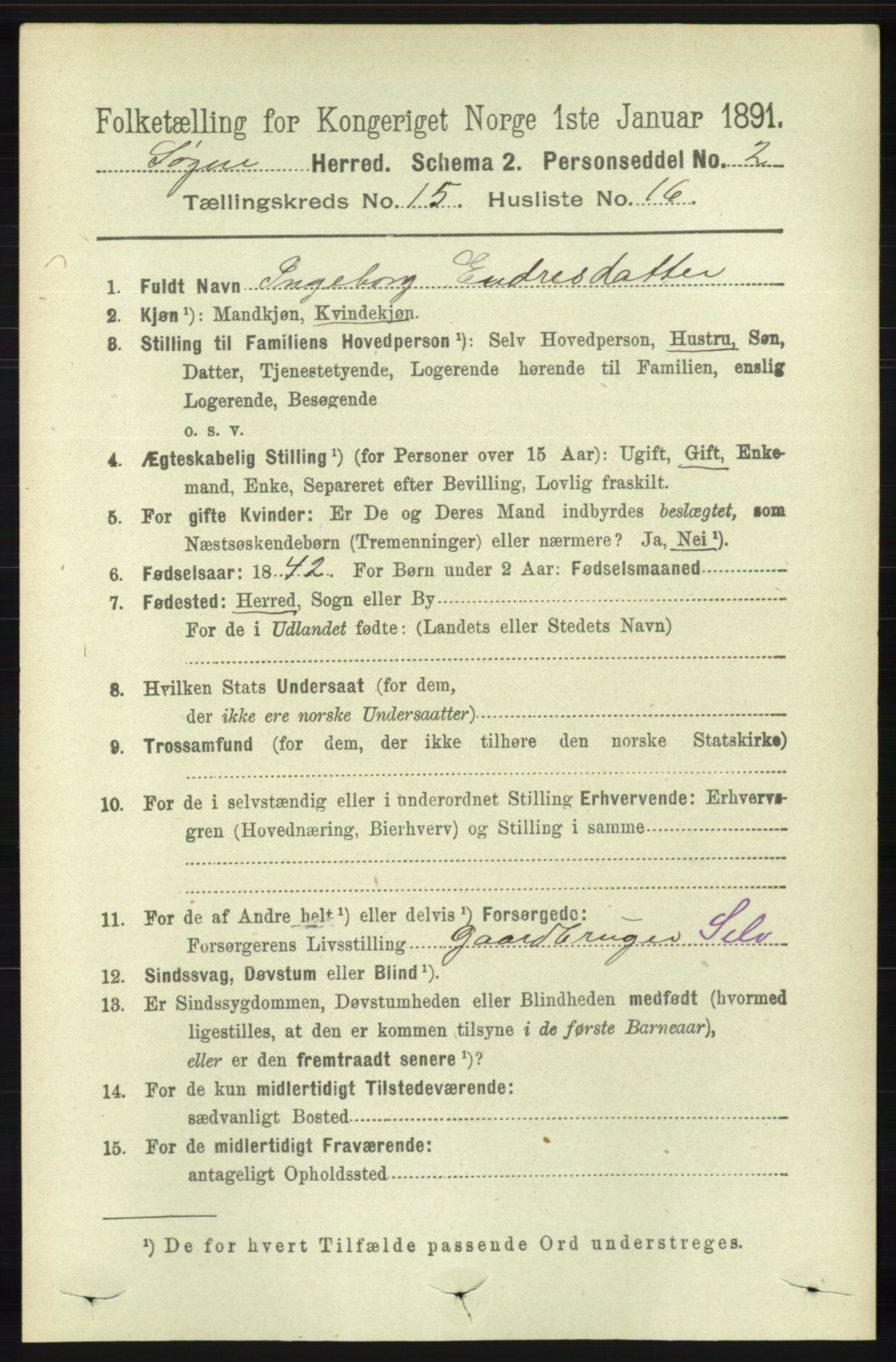 RA, 1891 census for 1018 Søgne, 1891, p. 3967