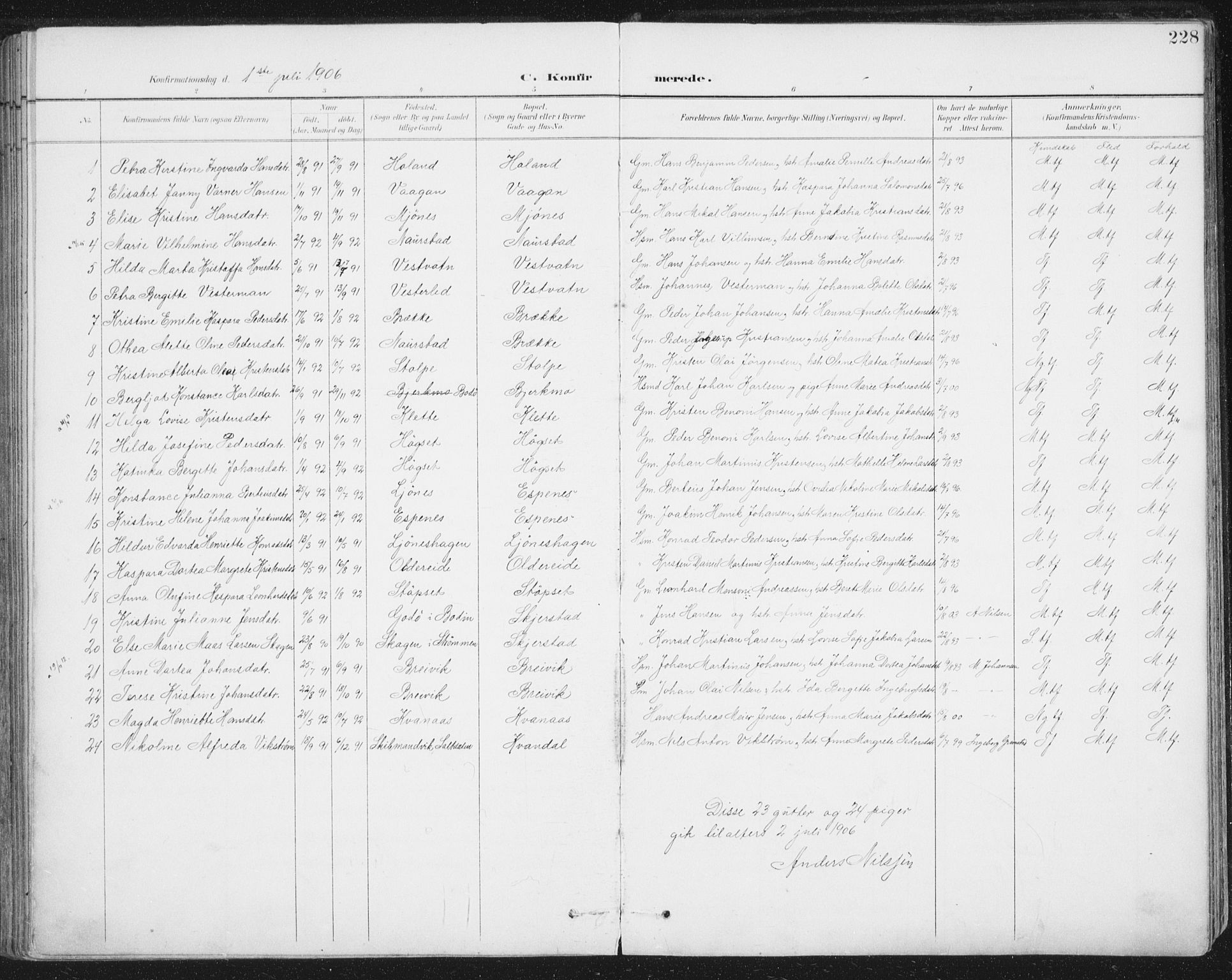 Ministerialprotokoller, klokkerbøker og fødselsregistre - Nordland, SAT/A-1459/852/L0741: Parish register (official) no. 852A11, 1894-1917, p. 228