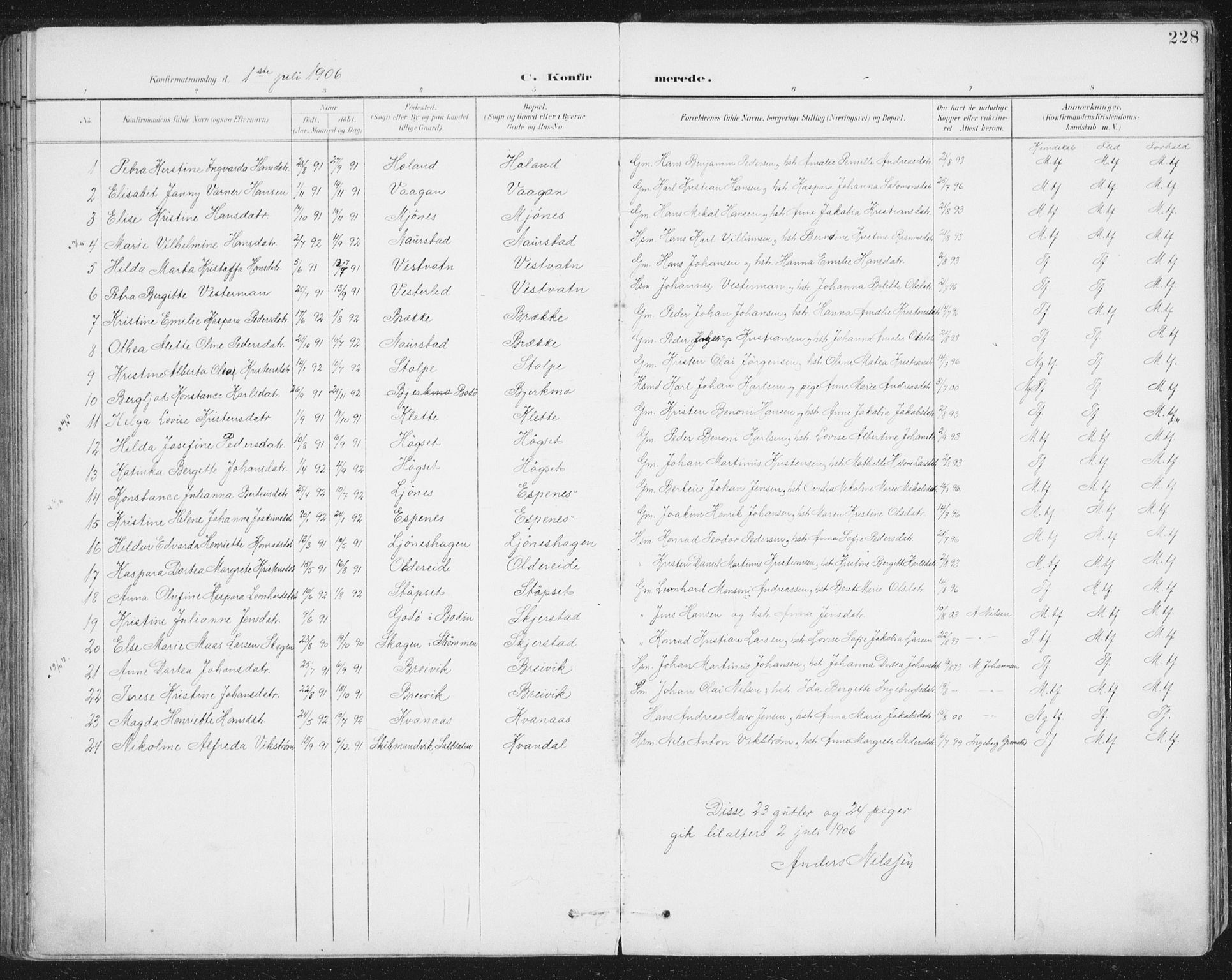 Ministerialprotokoller, klokkerbøker og fødselsregistre - Nordland, AV/SAT-A-1459/852/L0741: Parish register (official) no. 852A11, 1894-1917, p. 228