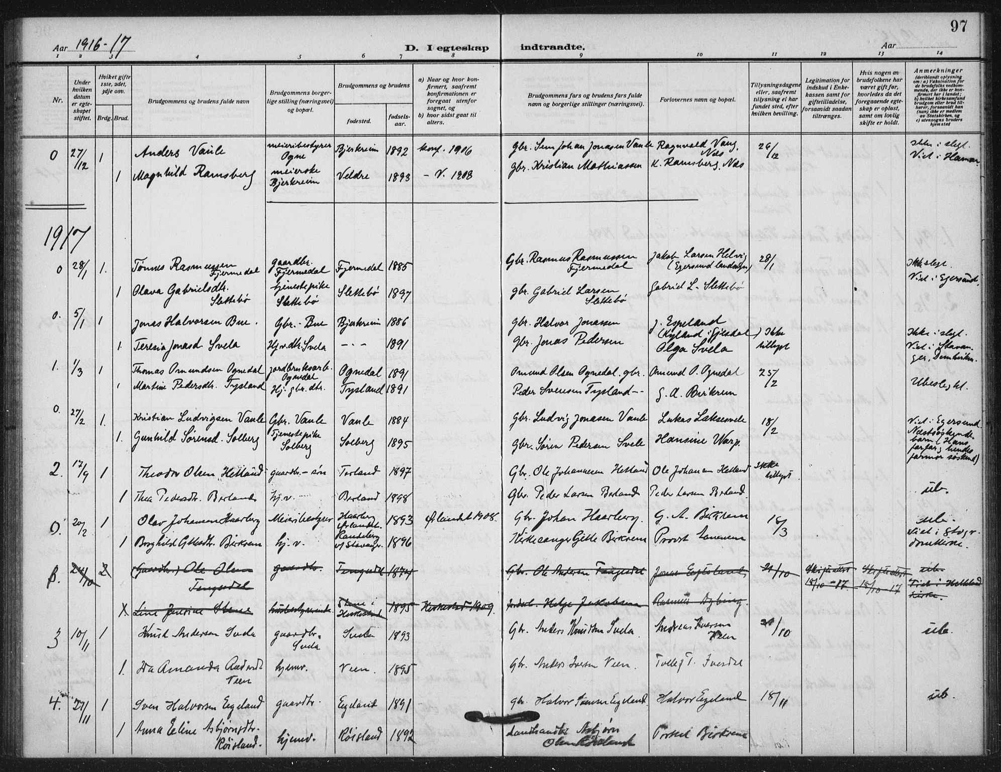 Helleland sokneprestkontor, AV/SAST-A-101810: Parish register (official) no. A 11, 1909-1922, p. 97