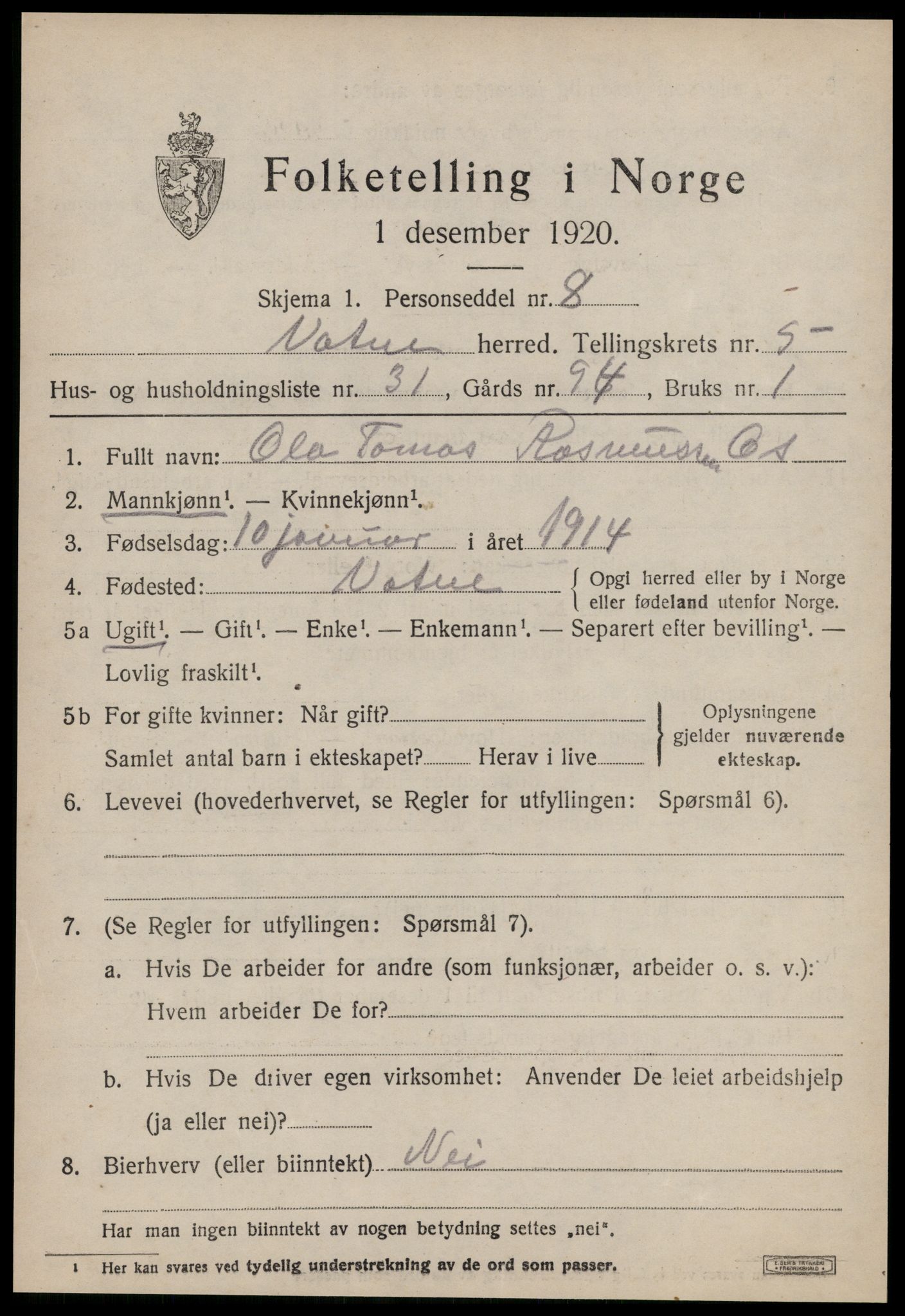 SAT, 1920 census for Vatne, 1920, p. 2626