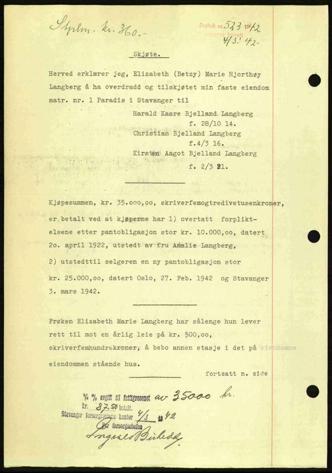 Stavanger byrett, SAST/A-100455/002/G/Gb/L0017: Mortgage book no. A7, 1941-1943, Diary no: : 523/1942