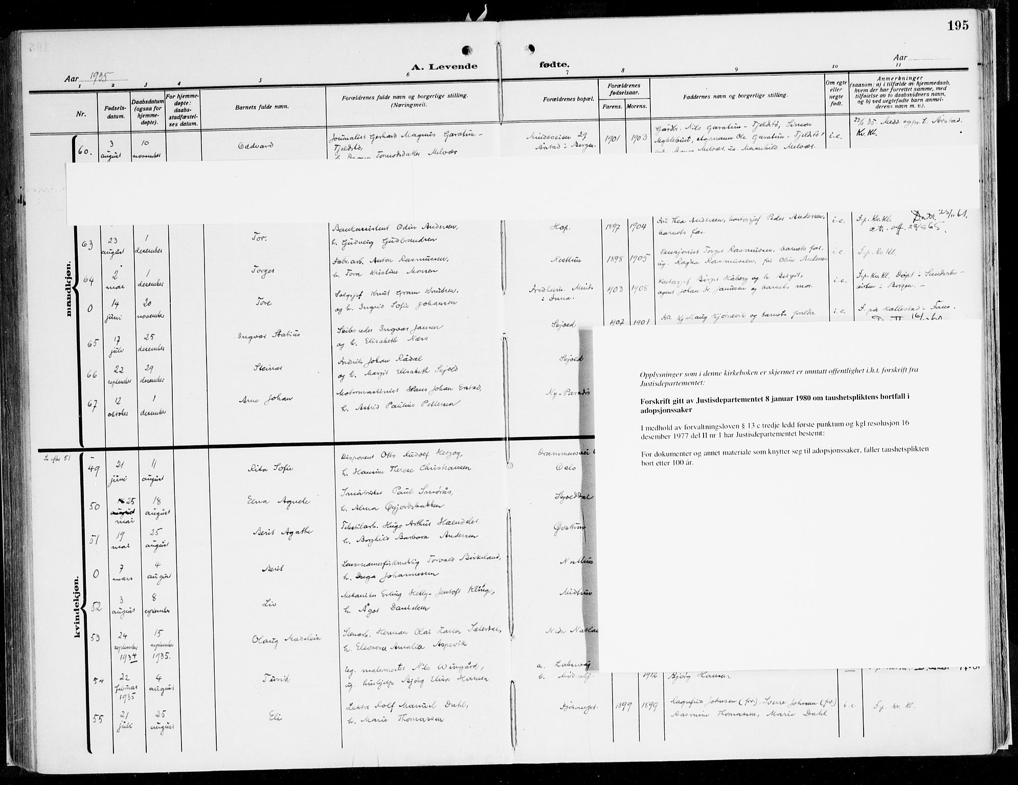 Fana Sokneprestembete, AV/SAB-A-75101/H/Haa/Haaj/L0001: Parish register (official) no. J 1, 1921-1935, p. 195