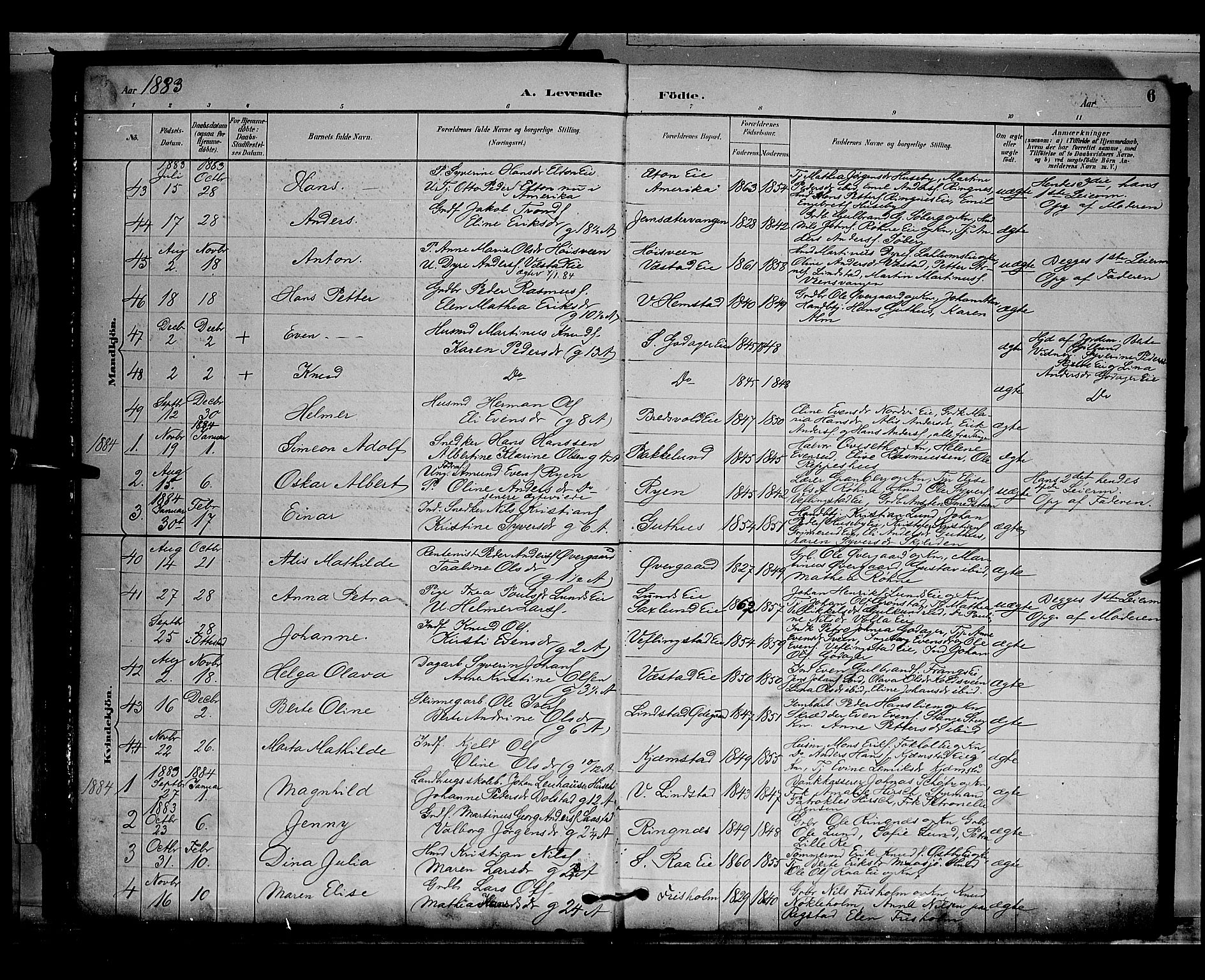 Stange prestekontor, SAH/PREST-002/L/L0009: Parish register (copy) no. 9, 1883-1899, p. 6