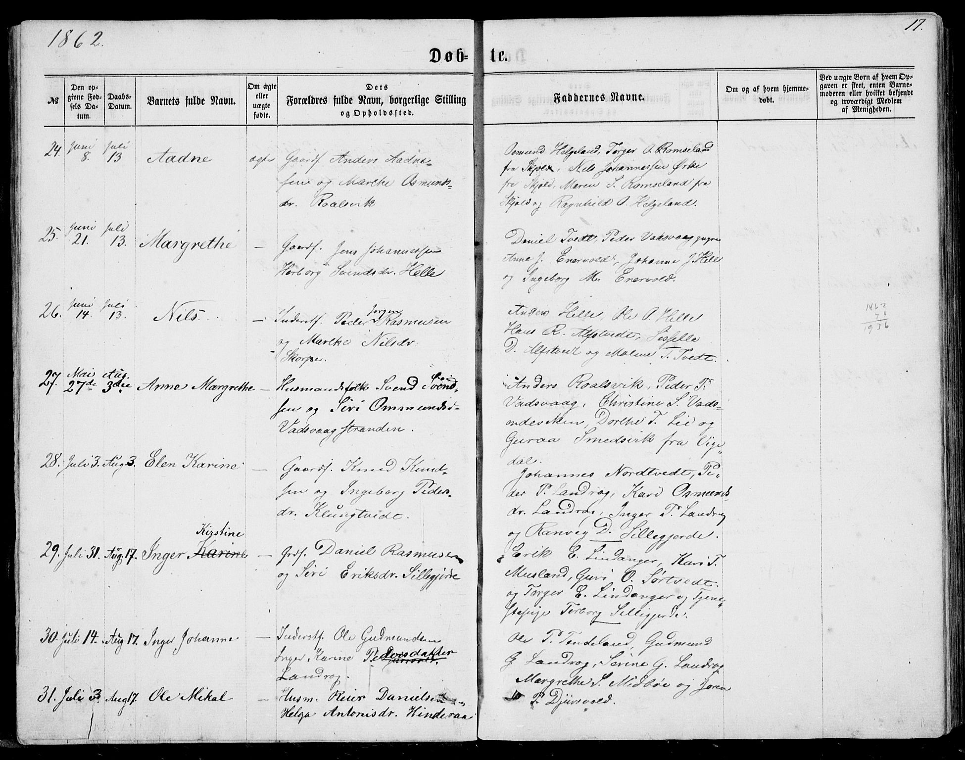 Nedstrand sokneprestkontor, AV/SAST-A-101841/01/IV: Parish register (official) no. A 9, 1861-1876, p. 17