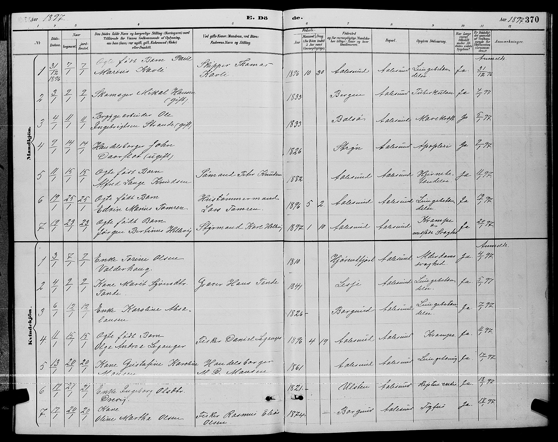 Ministerialprotokoller, klokkerbøker og fødselsregistre - Møre og Romsdal, AV/SAT-A-1454/529/L0467: Parish register (copy) no. 529C04, 1889-1897, p. 370