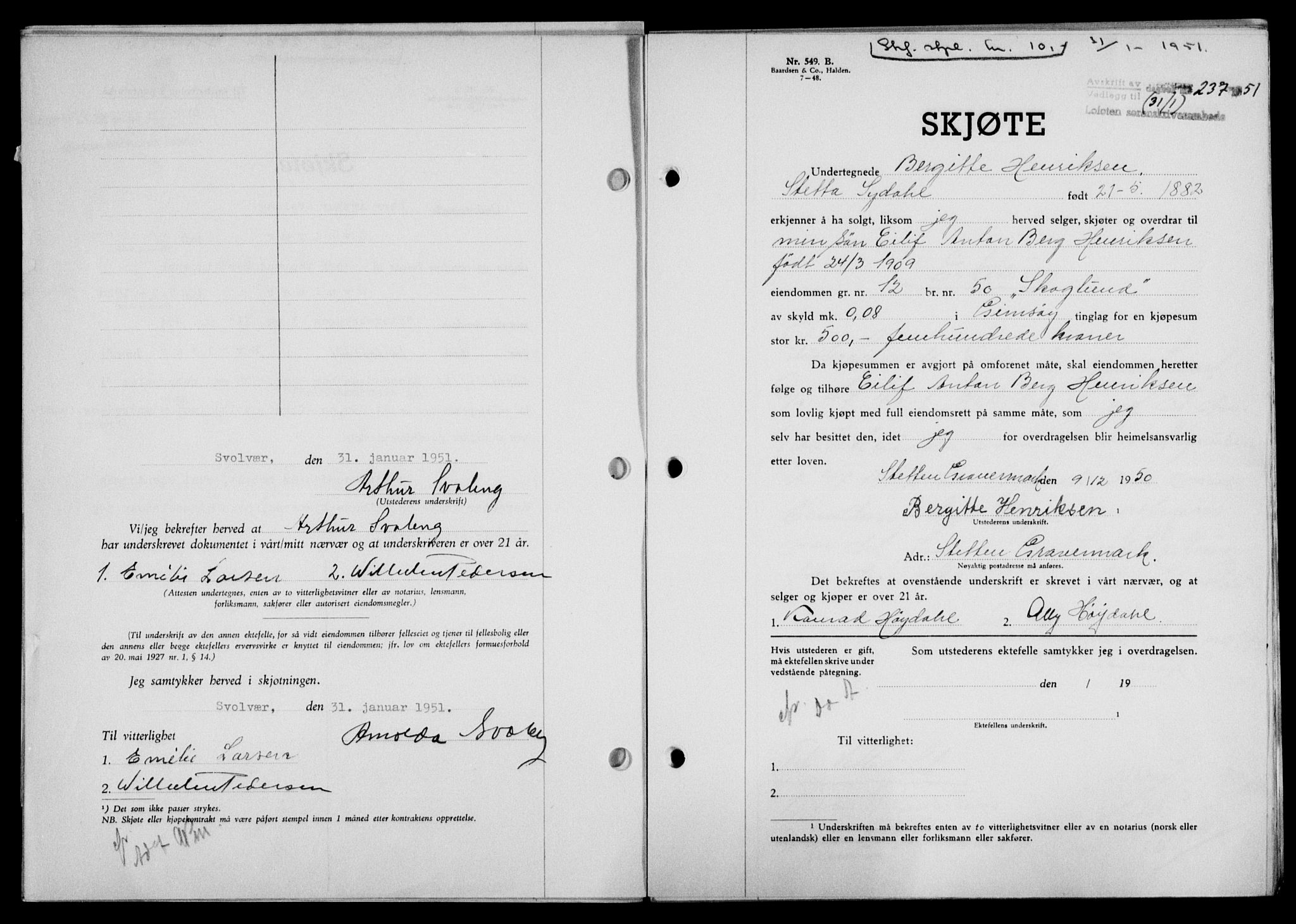 Lofoten sorenskriveri, SAT/A-0017/1/2/2C/L0025a: Mortgage book no. 25a, 1950-1951, Diary no: : 237/1951