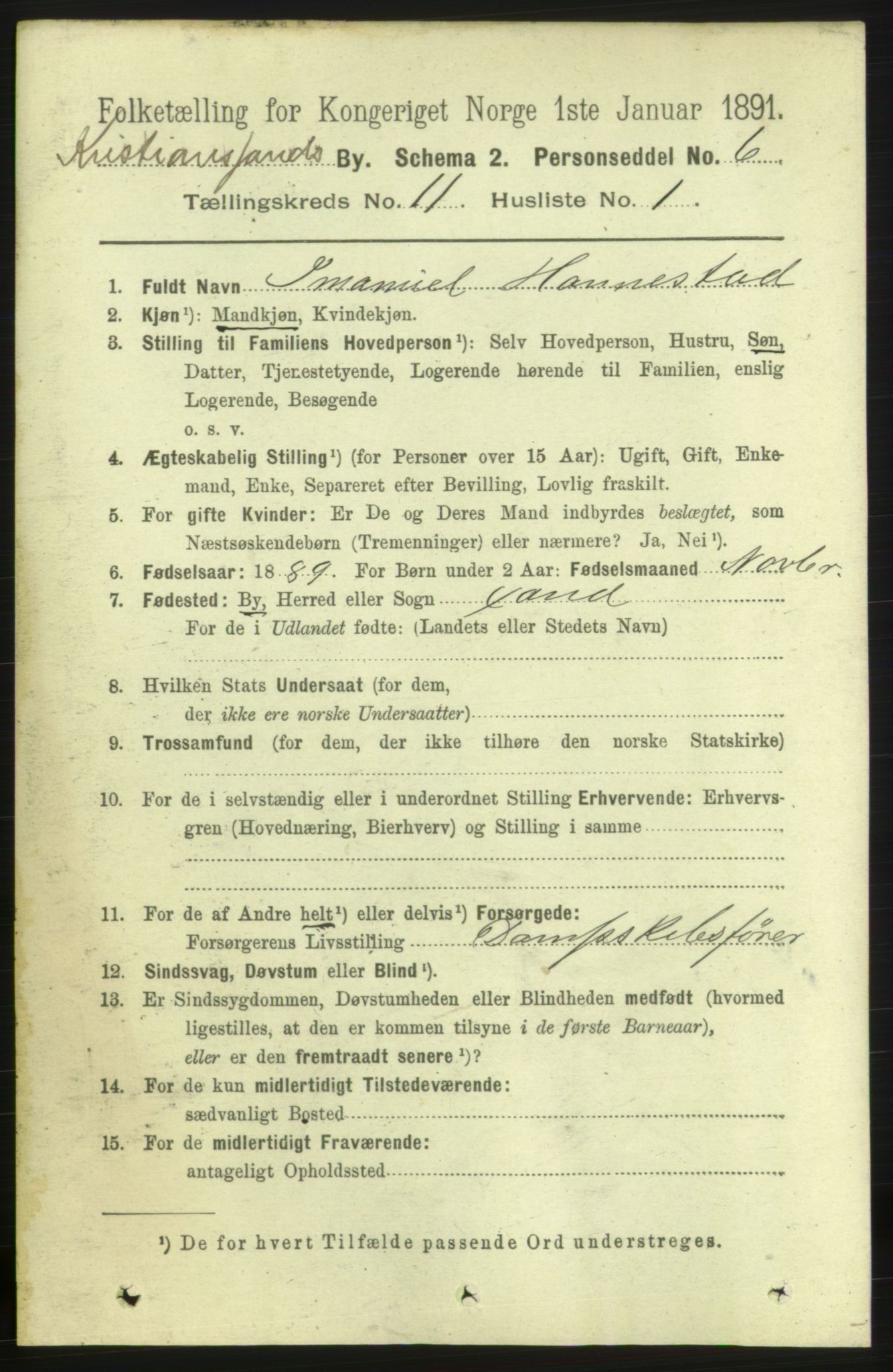 RA, 1891 census for 1001 Kristiansand, 1891, p. 5589