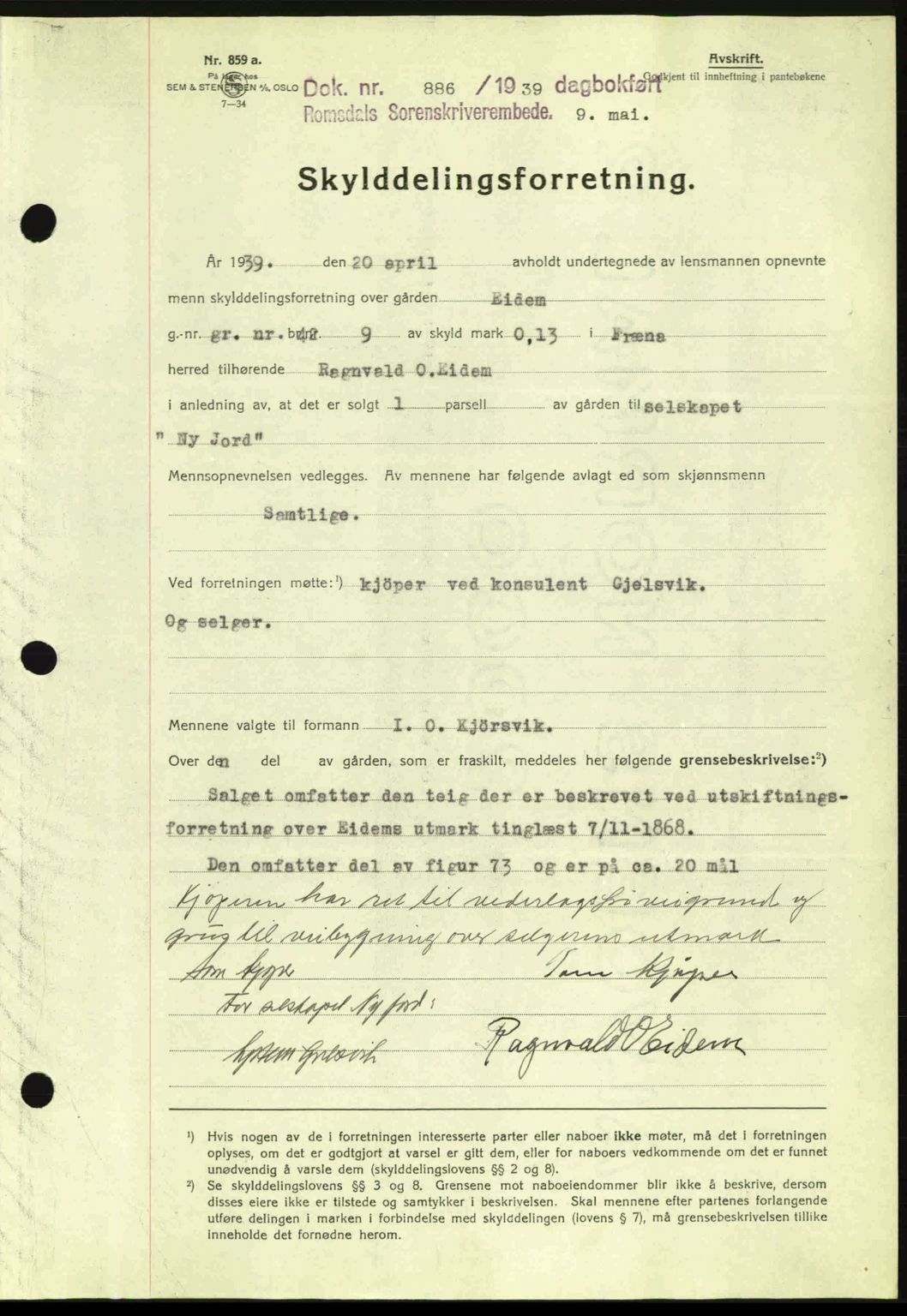 Romsdal sorenskriveri, AV/SAT-A-4149/1/2/2C: Mortgage book no. A6, 1938-1939, Diary no: : 886/1939