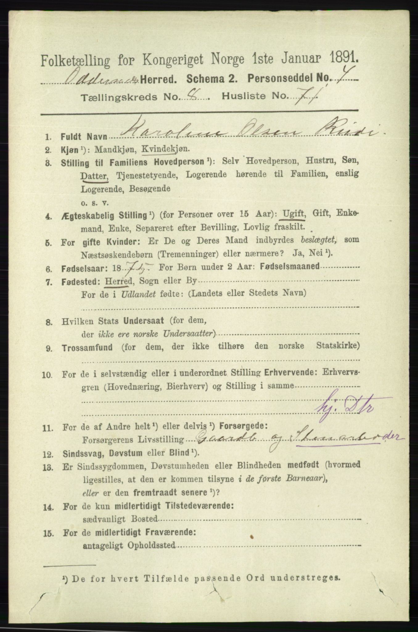 RA, 1891 census for 1012 Oddernes, 1891, p. 3173