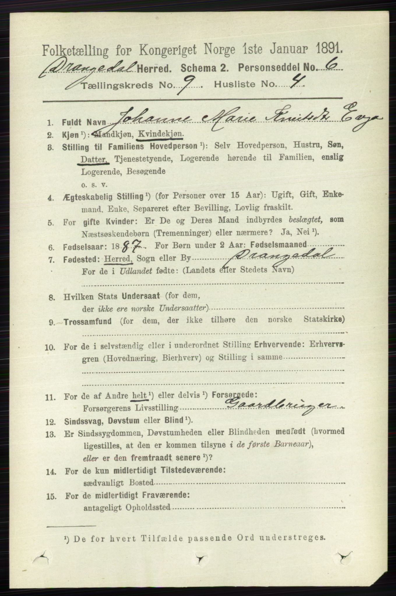 RA, 1891 census for 0817 Drangedal, 1891, p. 3144