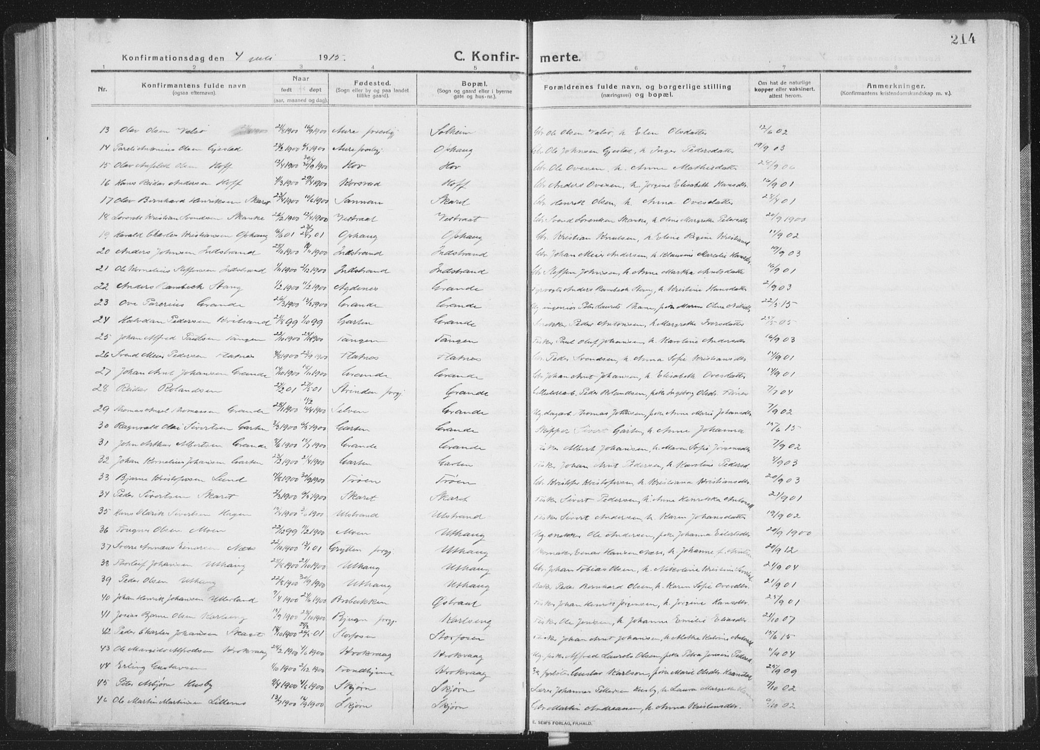 Ministerialprotokoller, klokkerbøker og fødselsregistre - Sør-Trøndelag, SAT/A-1456/659/L0747: Parish register (copy) no. 659C04, 1913-1938, p. 214