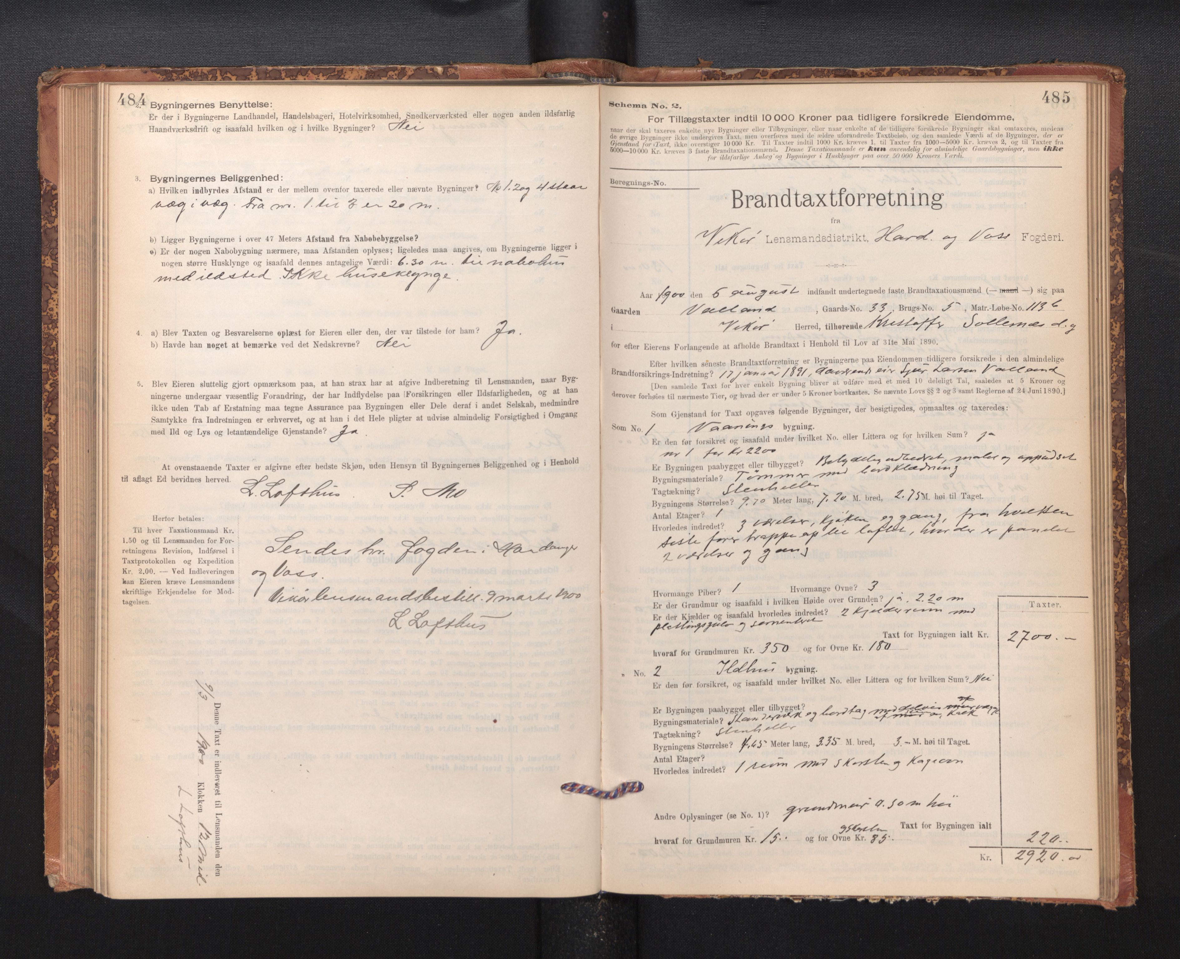 Lensmannen i Kvam, SAB/A-33201/0012/L0005: Branntakstprotokoll, skjematakst, 1894-1913, p. 484-485