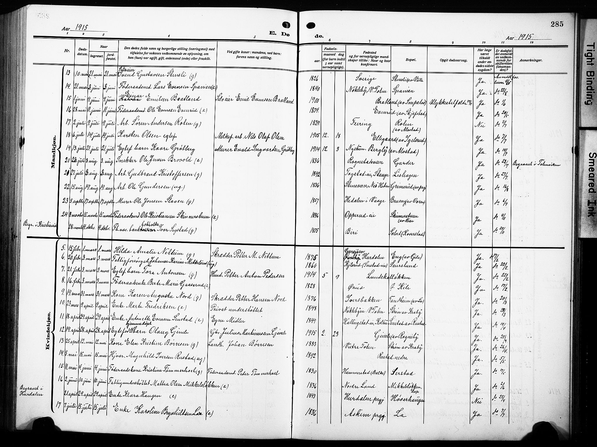 Østre Toten prestekontor, AV/SAH-PREST-104/H/Ha/Hab/L0010: Parish register (copy) no. 10, 1912-1933, p. 285