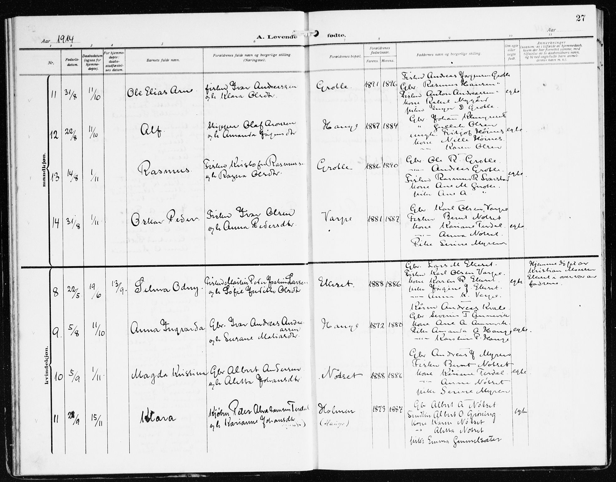 Bremanger sokneprestembete, AV/SAB-A-82201/H/Haa/Haac/L0001: Parish register (official) no. C 1, 1908-1921, p. 27