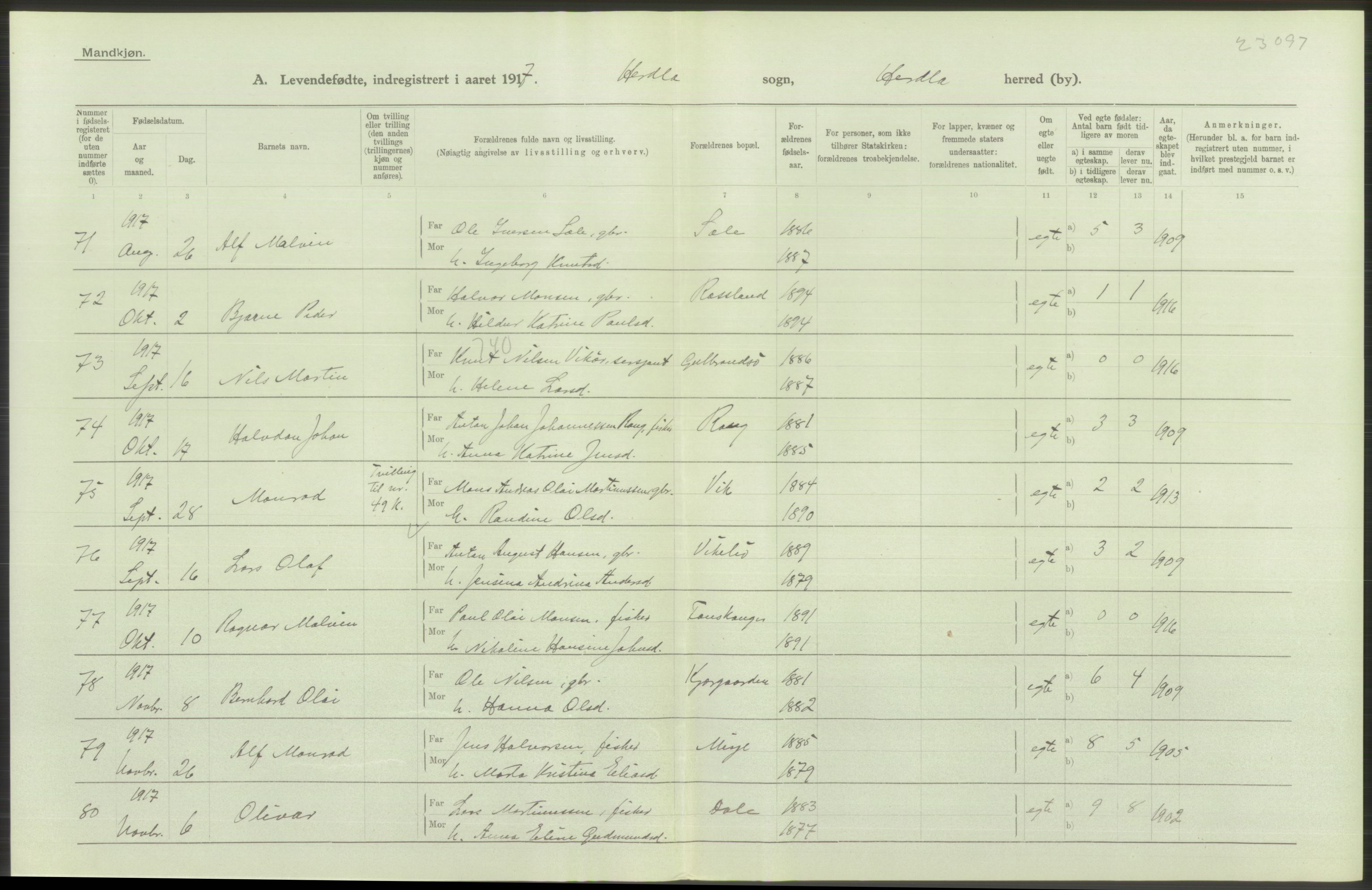 Statistisk sentralbyrå, Sosiodemografiske emner, Befolkning, AV/RA-S-2228/D/Df/Dfb/Dfbg/L0034: S. Bergenhus amt: Levendefødte menn og kvinner. Bygder., 1917, p. 124