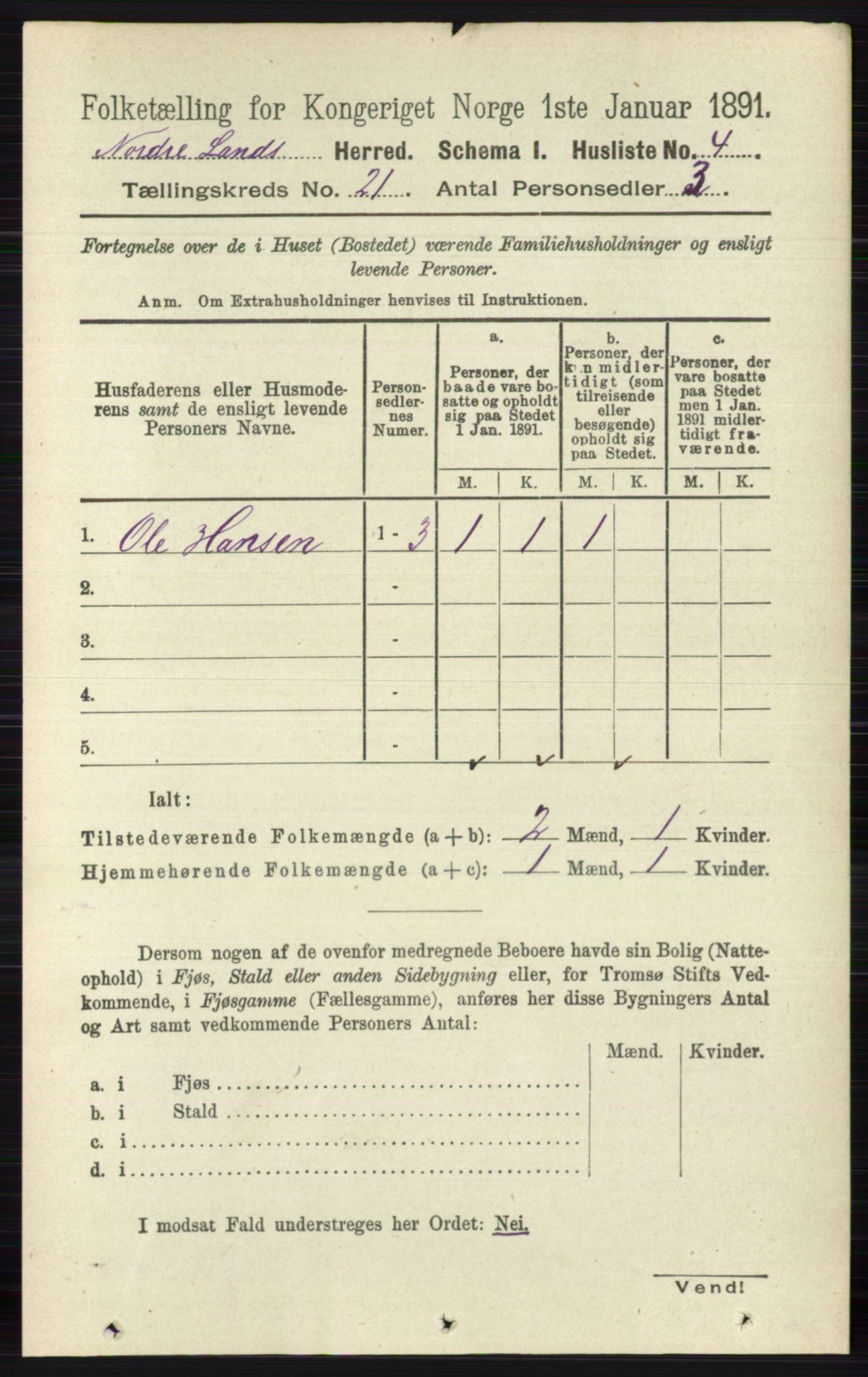 RA, 1891 census for 0538 Nordre Land, 1891, p. 5224