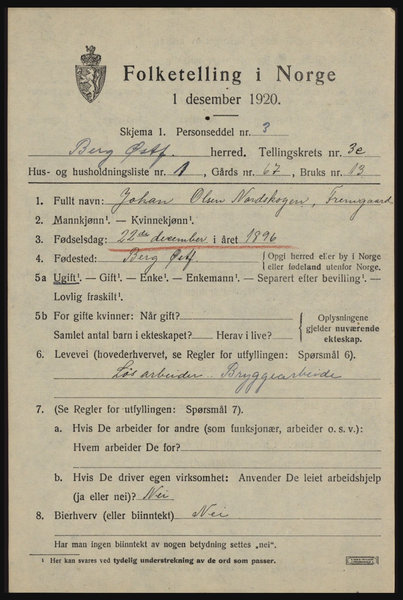 SAO, 1920 census for Berg, 1920, p. 7033