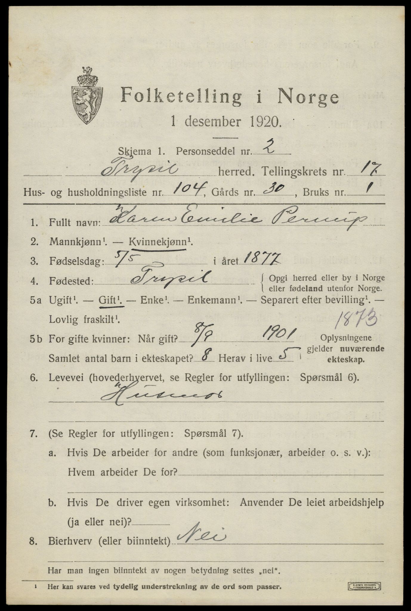 SAH, 1920 census for Trysil, 1920, p. 11385