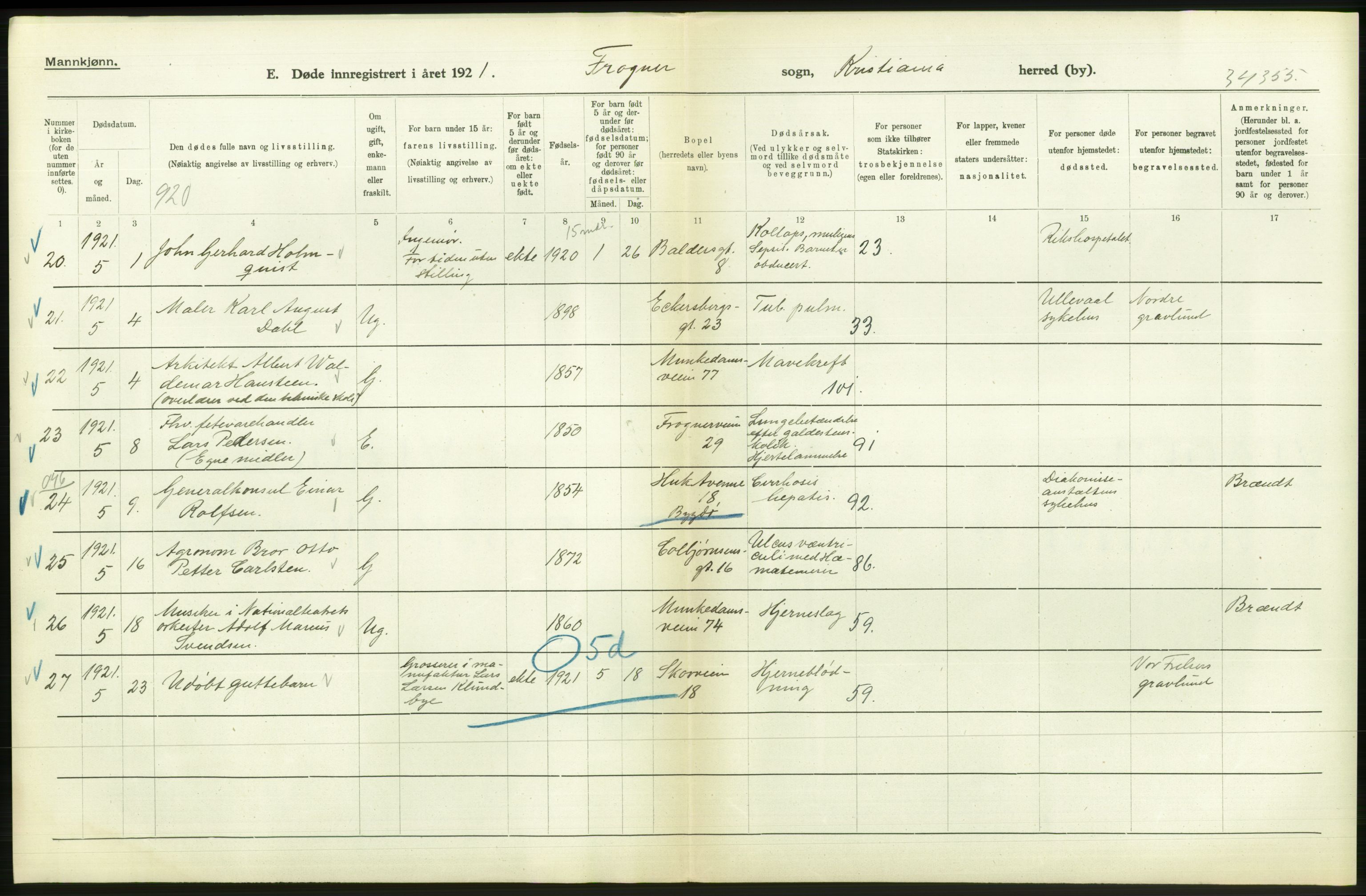 Statistisk sentralbyrå, Sosiodemografiske emner, Befolkning, AV/RA-S-2228/D/Df/Dfc/Dfca/L0012: Kristiania: Døde, 1921, p. 402