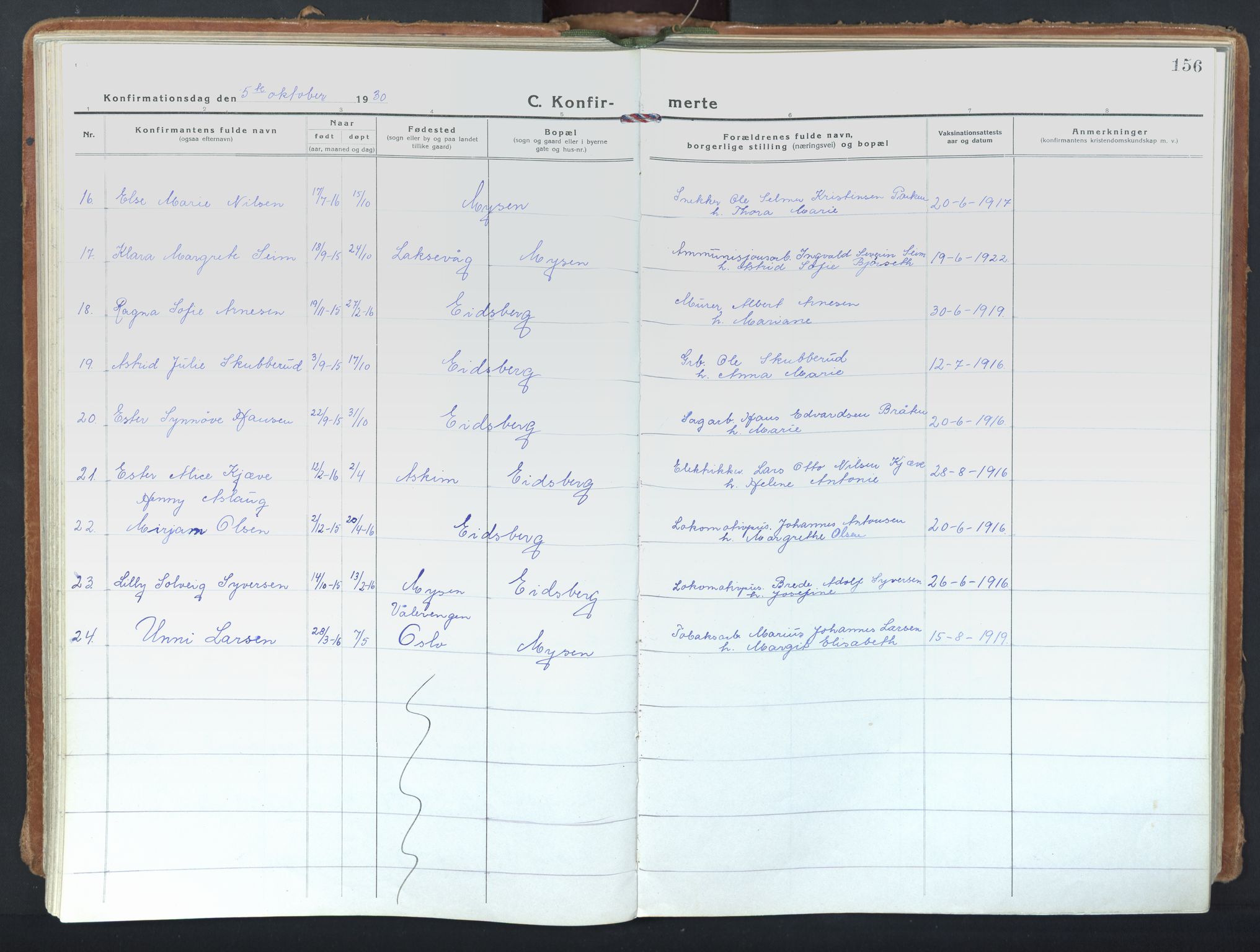 Eidsberg prestekontor Kirkebøker, AV/SAO-A-10905/F/Fd/L0001: Parish register (official) no. IV 1, 1921-1948, p. 156